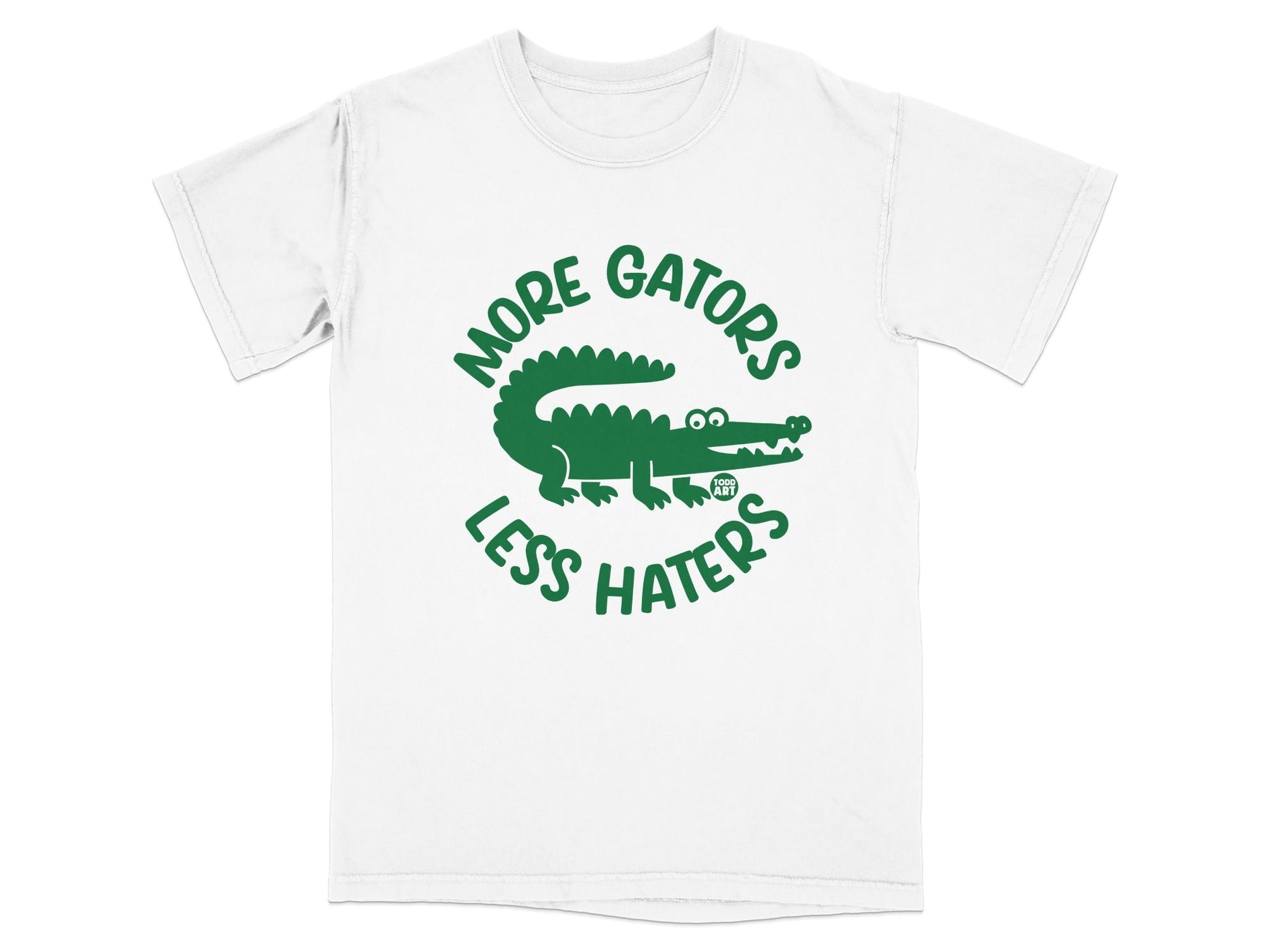 Green t-shirt with "MORE GATORS LESS HATERS" and an alligator graphic.