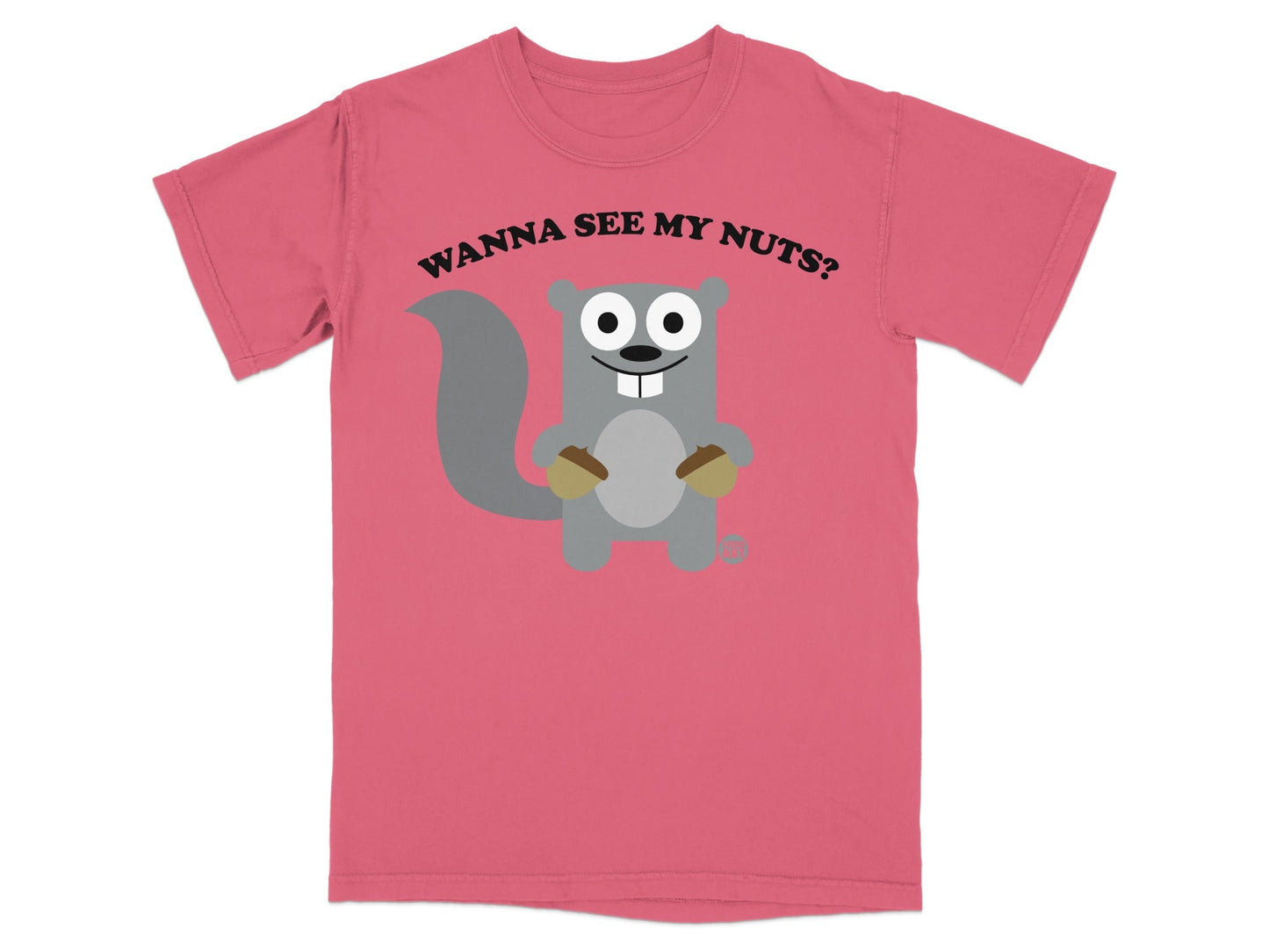 Pink t-shirt with a cartoon squirrel holding two acorns and text.