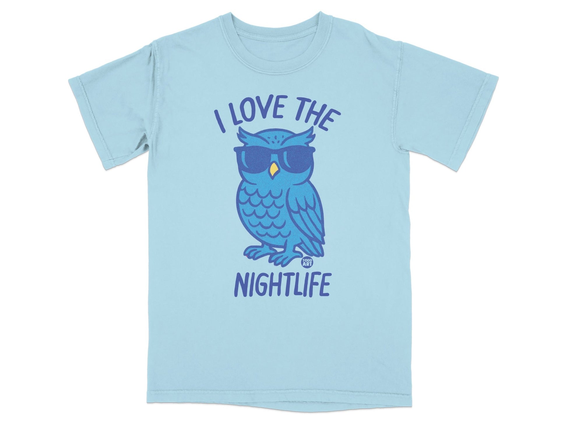 Light blue t-shirt with a cartoon owl wearing sunglasses and text "I LOVE THE NIGHTLIFE".