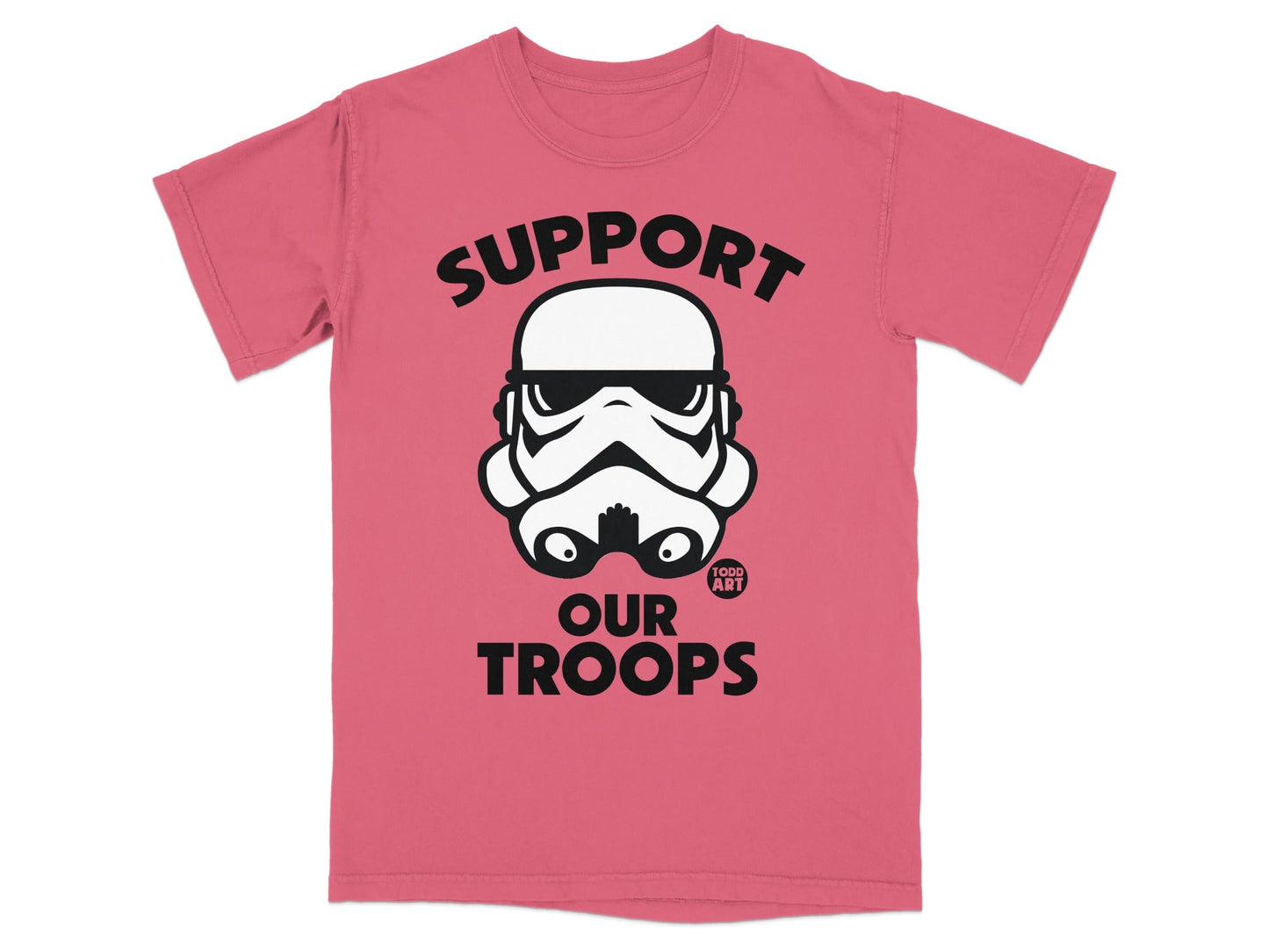 Pink t-shirt with Stormtrooper helmet graphic and "SUPPORT OUR TROOPS" text.