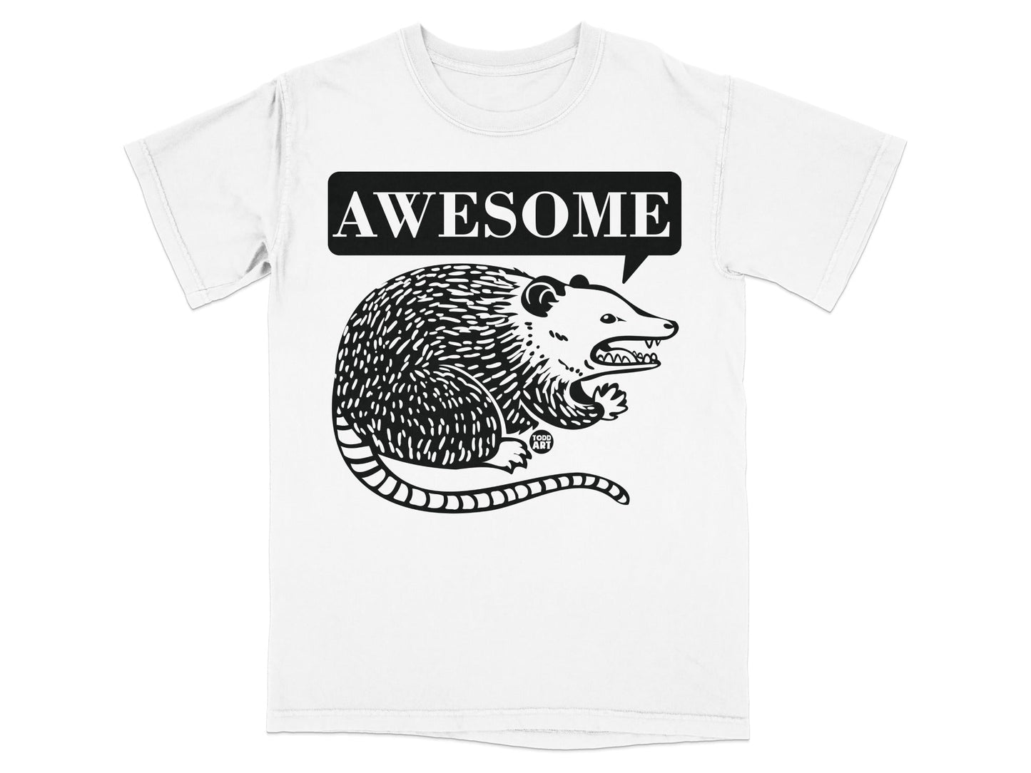 White t-shirt with black graphic of an opossum with "AWESOME" in a speech bubble.
