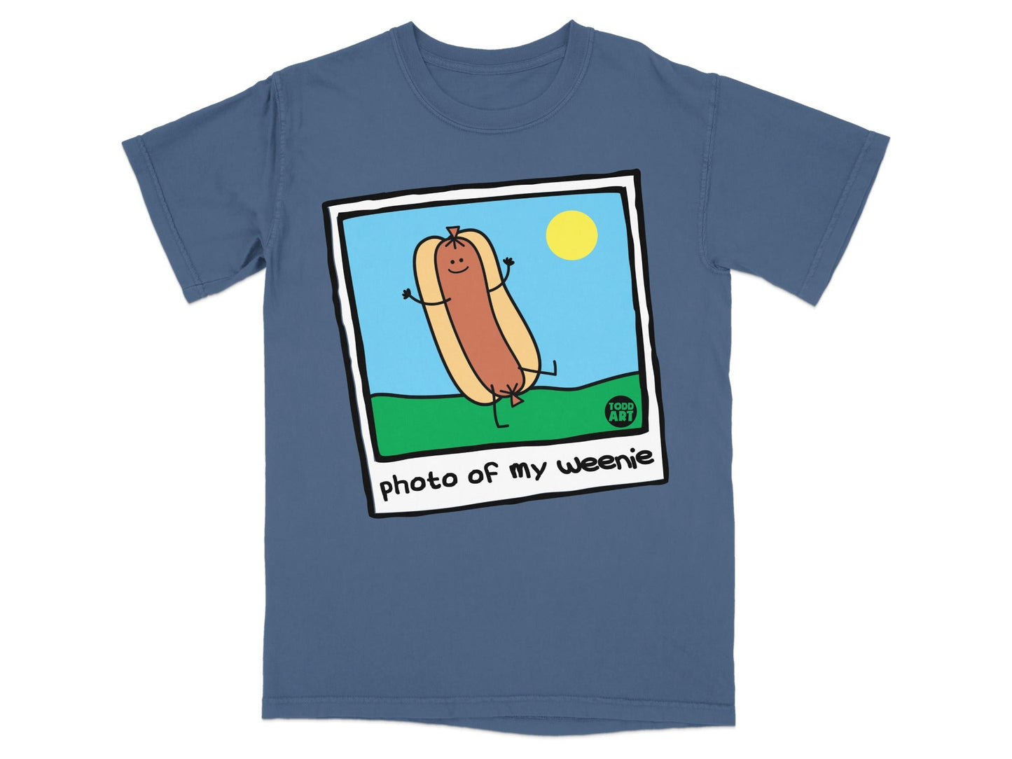 T-shirt with cartoon hot dog holding a sunny day, "photo of my weenie" text.