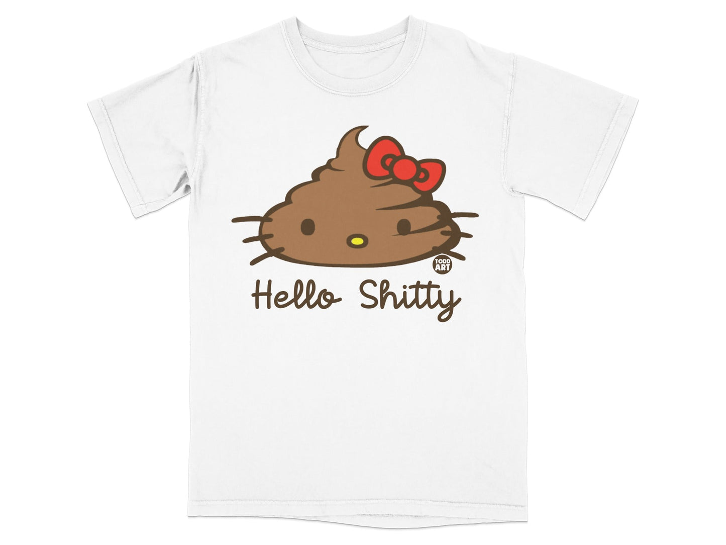 White t-shirt with brown poop emoji and "Hello Shitty" text.