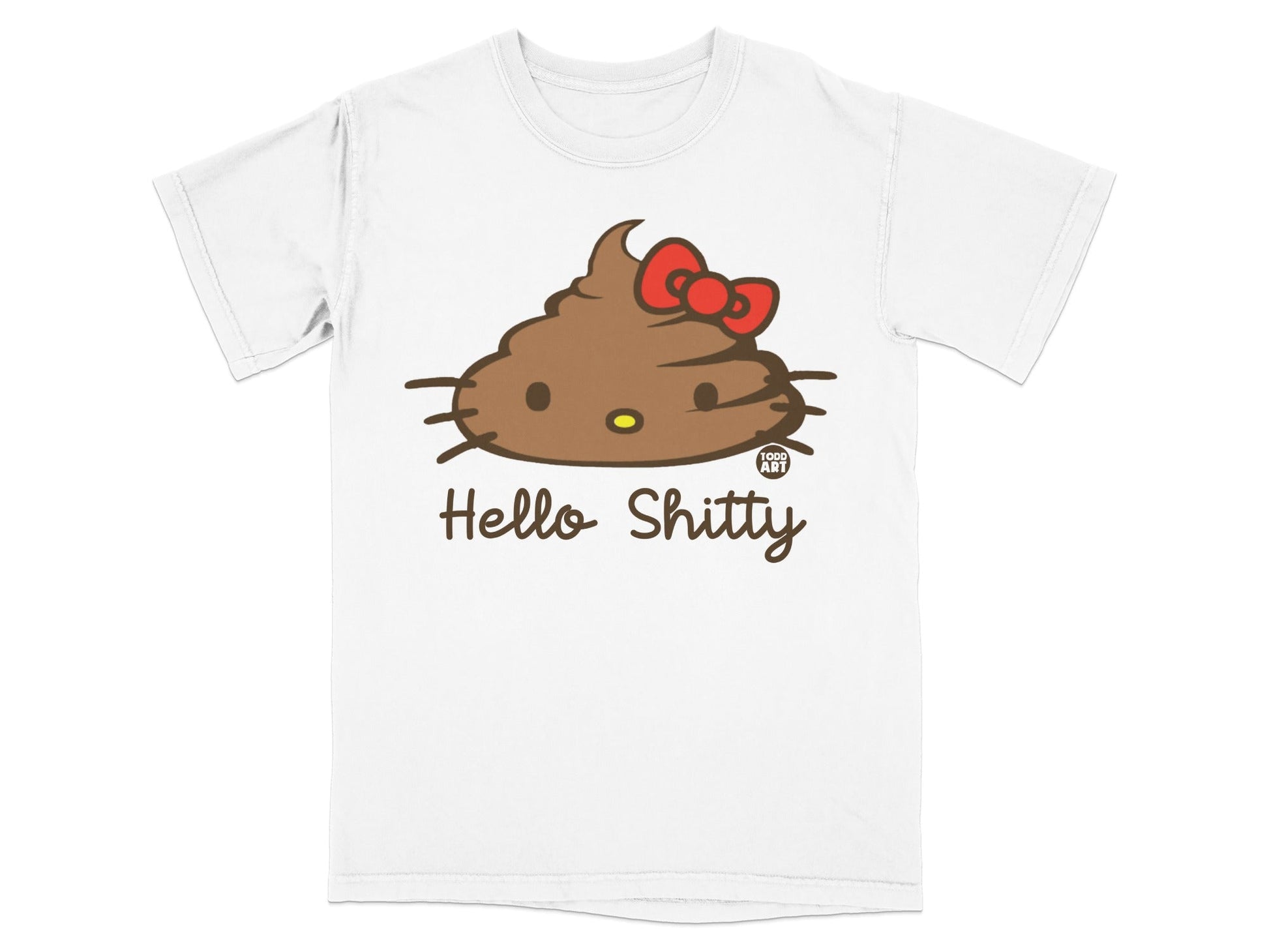 White t-shirt with brown poop emoji and "Hello Shitty" text.