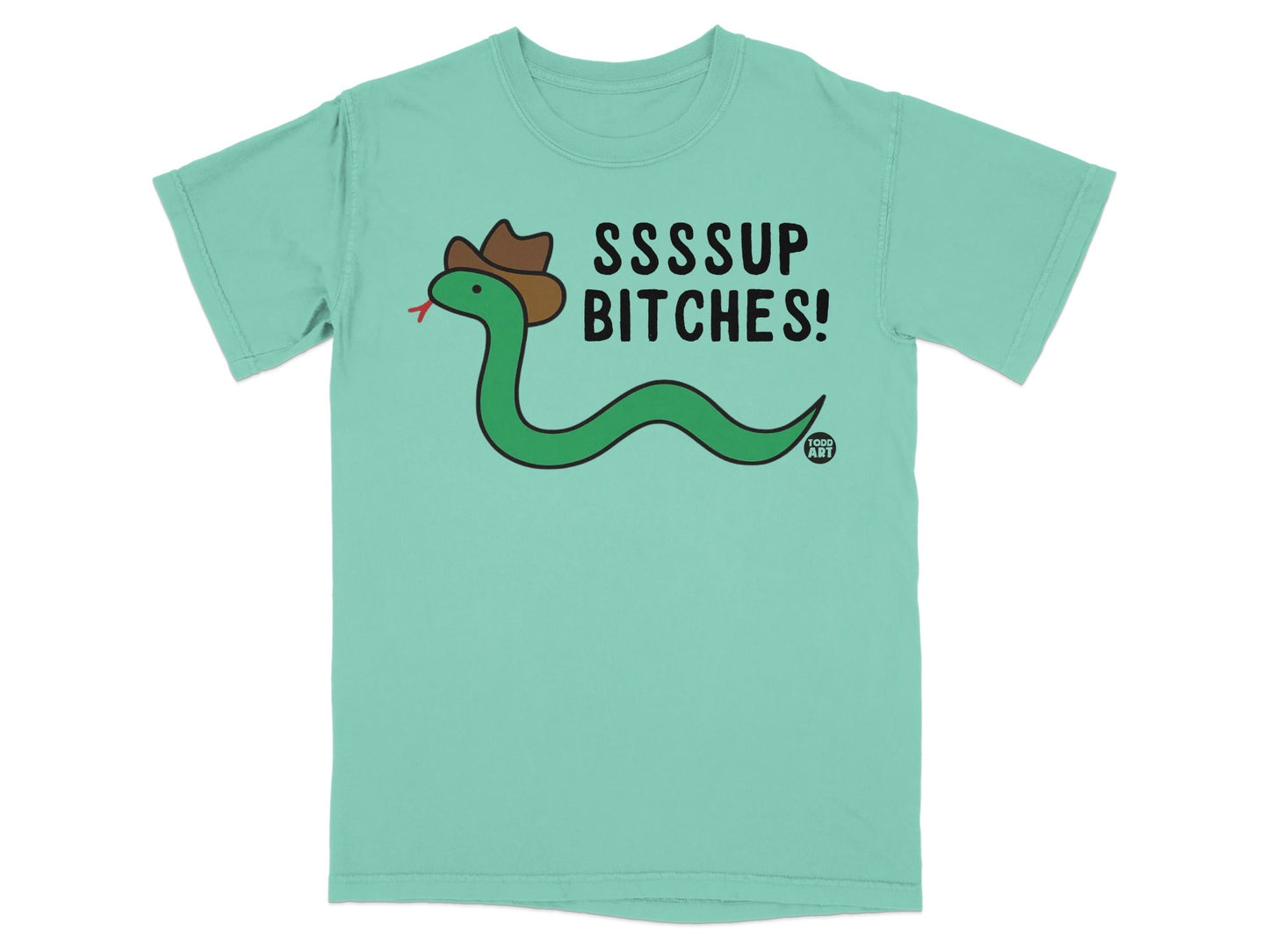Green snake wearing a cowboy hat and saying "SSSSUP BITCHES!"