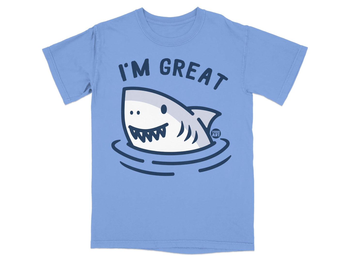 Light blue t-shirt with a cartoon shark and the text "I'M GREAT".