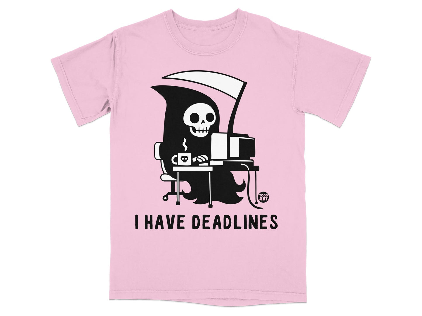 Grim reaper at a computer with the text "I HAVE DEADLINES".
