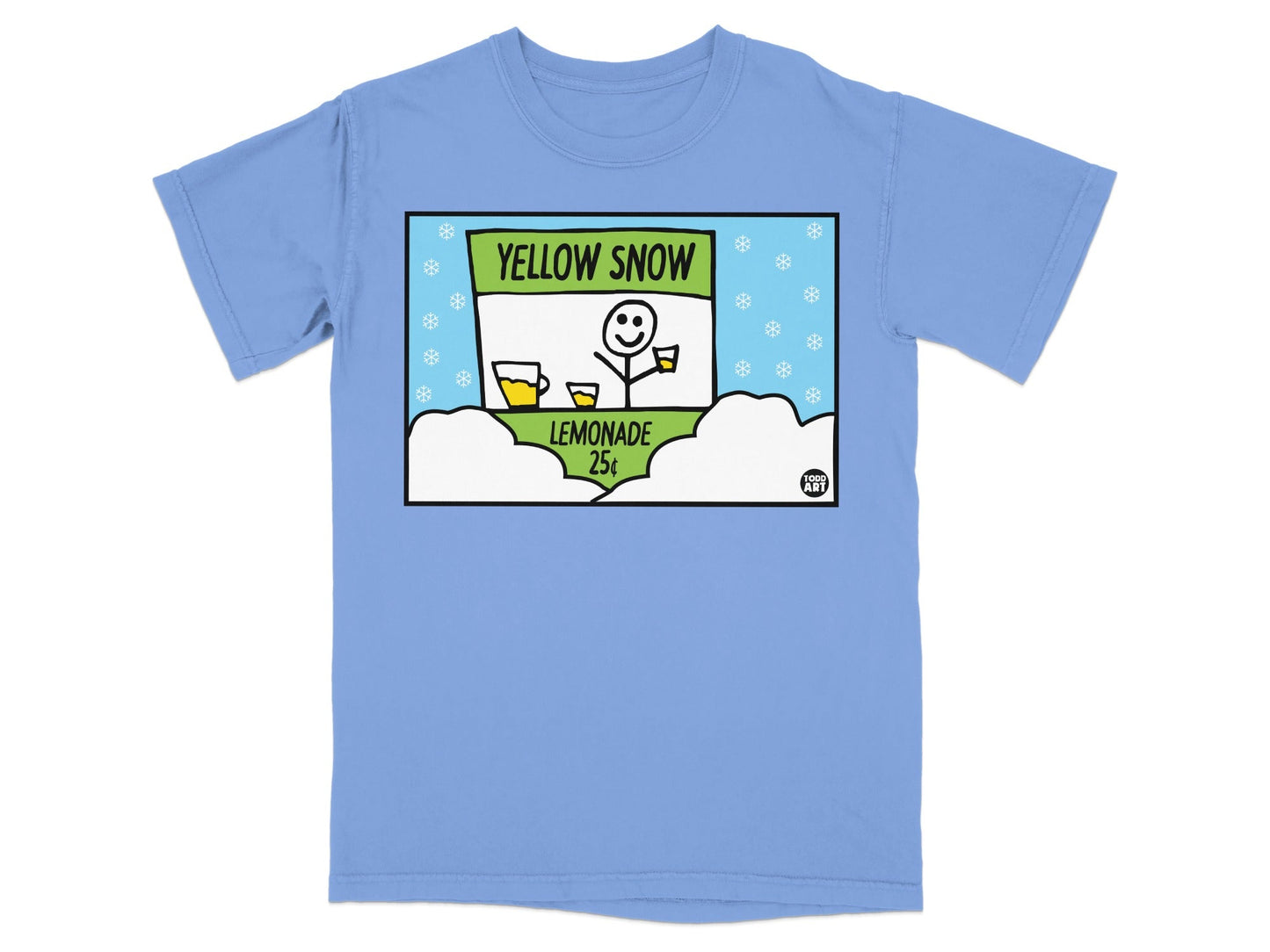 T-shirt featuring cartoon of person selling lemonade, "Yellow Snow" logo.
