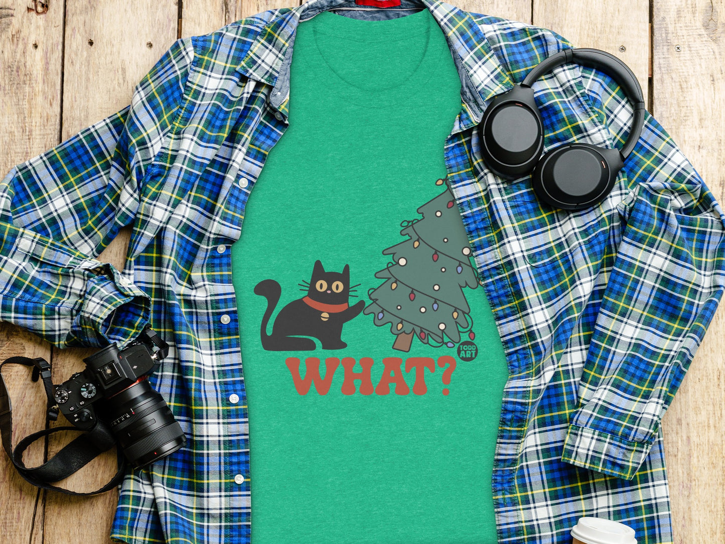 Funny Black Cat and Christmas Tree T-Shirt