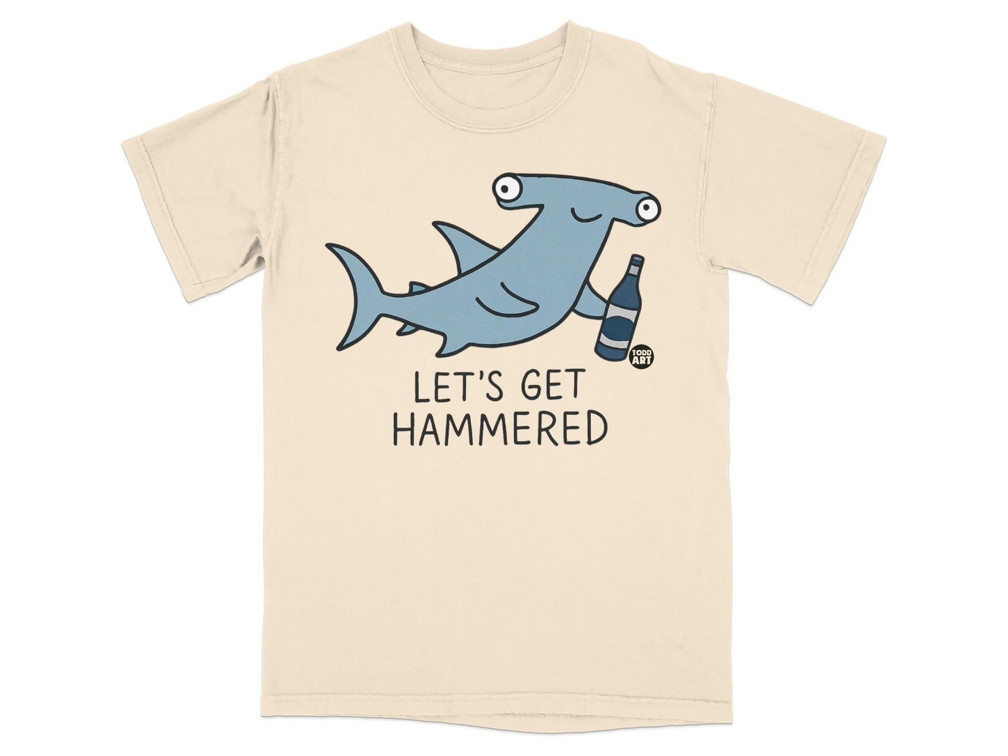 Hammerhead shark in cartoon style with bottle and text "LET'S GET HAMMERED".