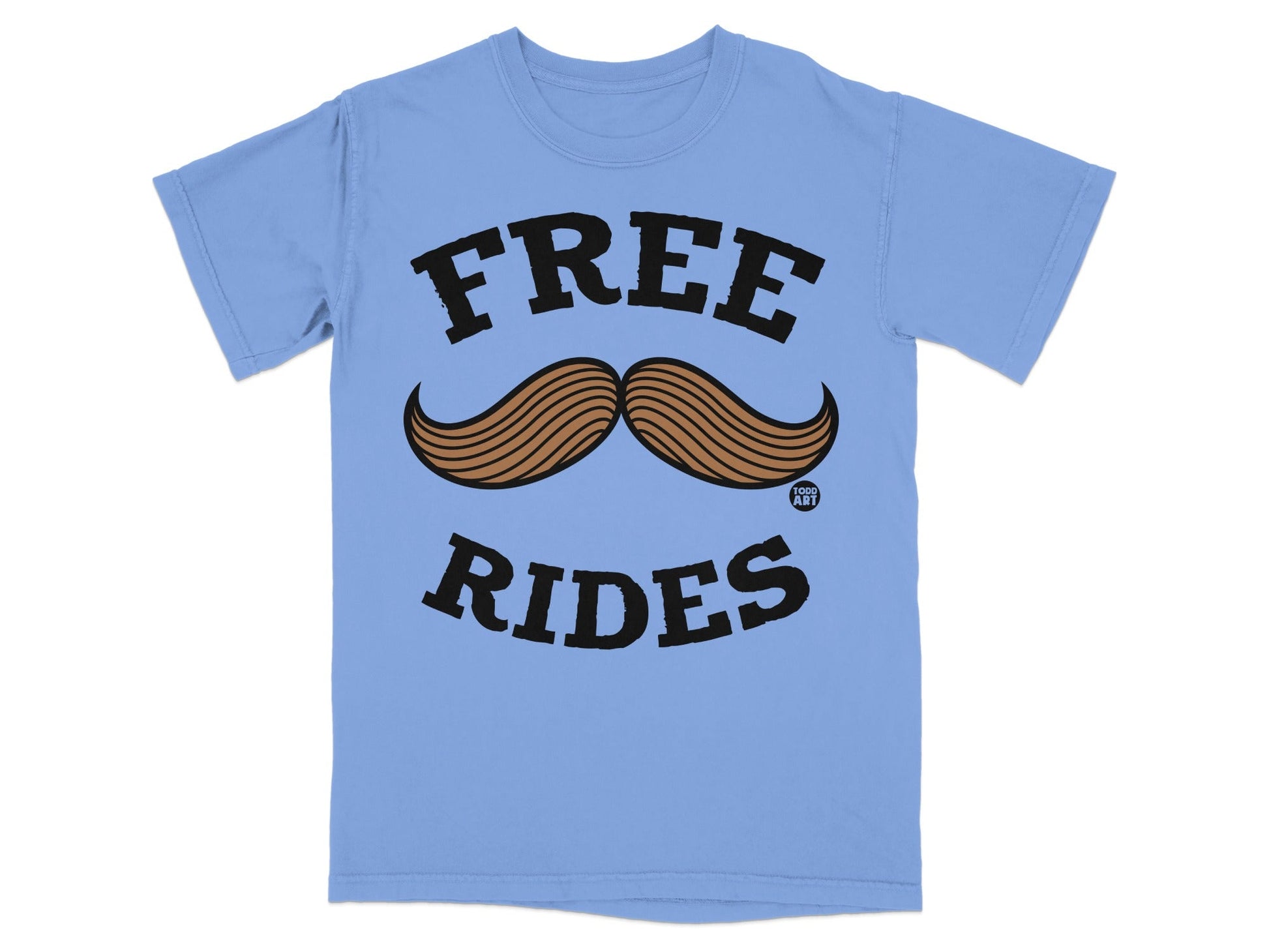 Light blue t-shirt with "FREE RIDES" and a mustache graphic.