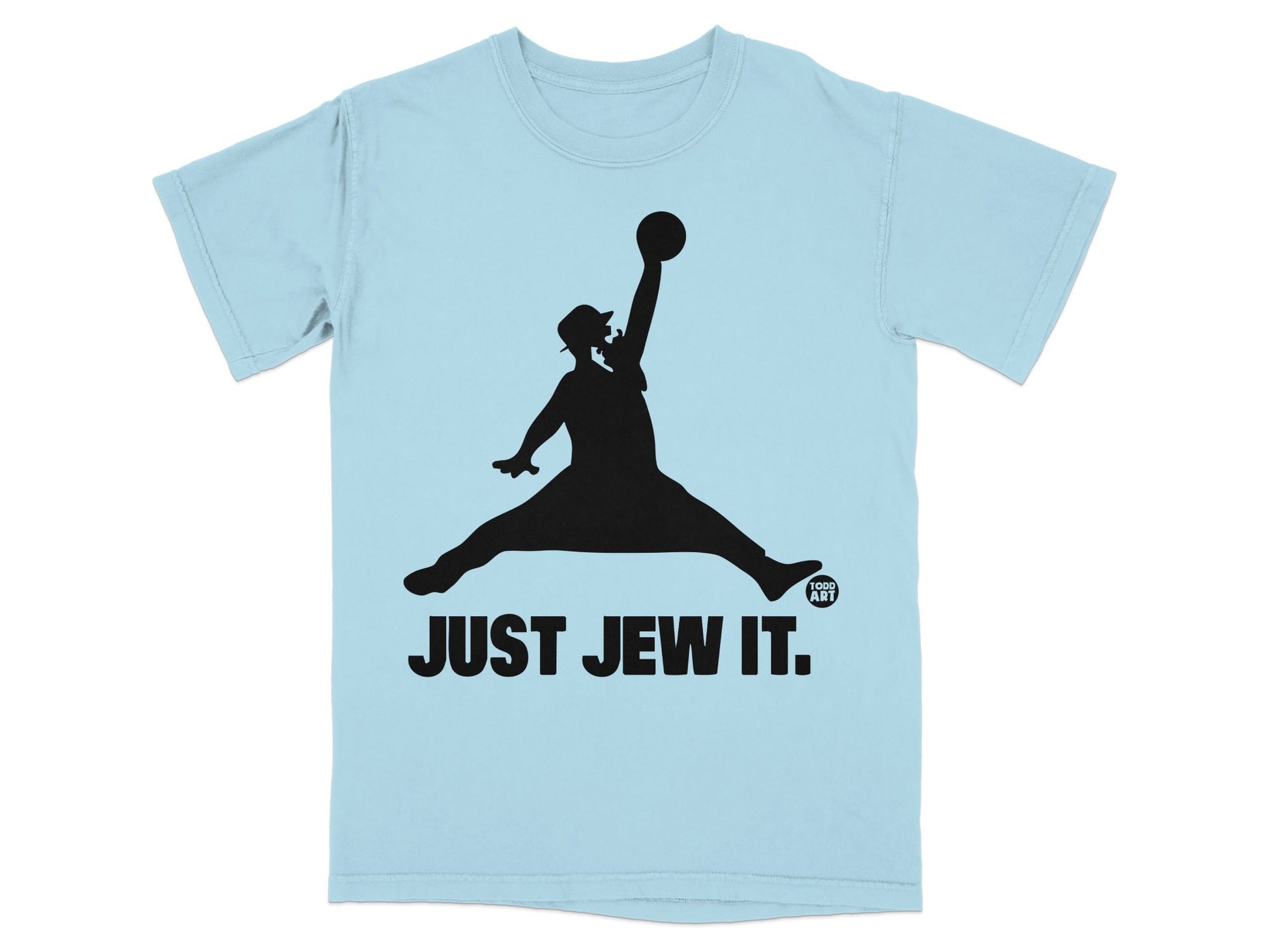 Black silhouette of a man in a hat, jumping, with "JUST JEW IT." text.