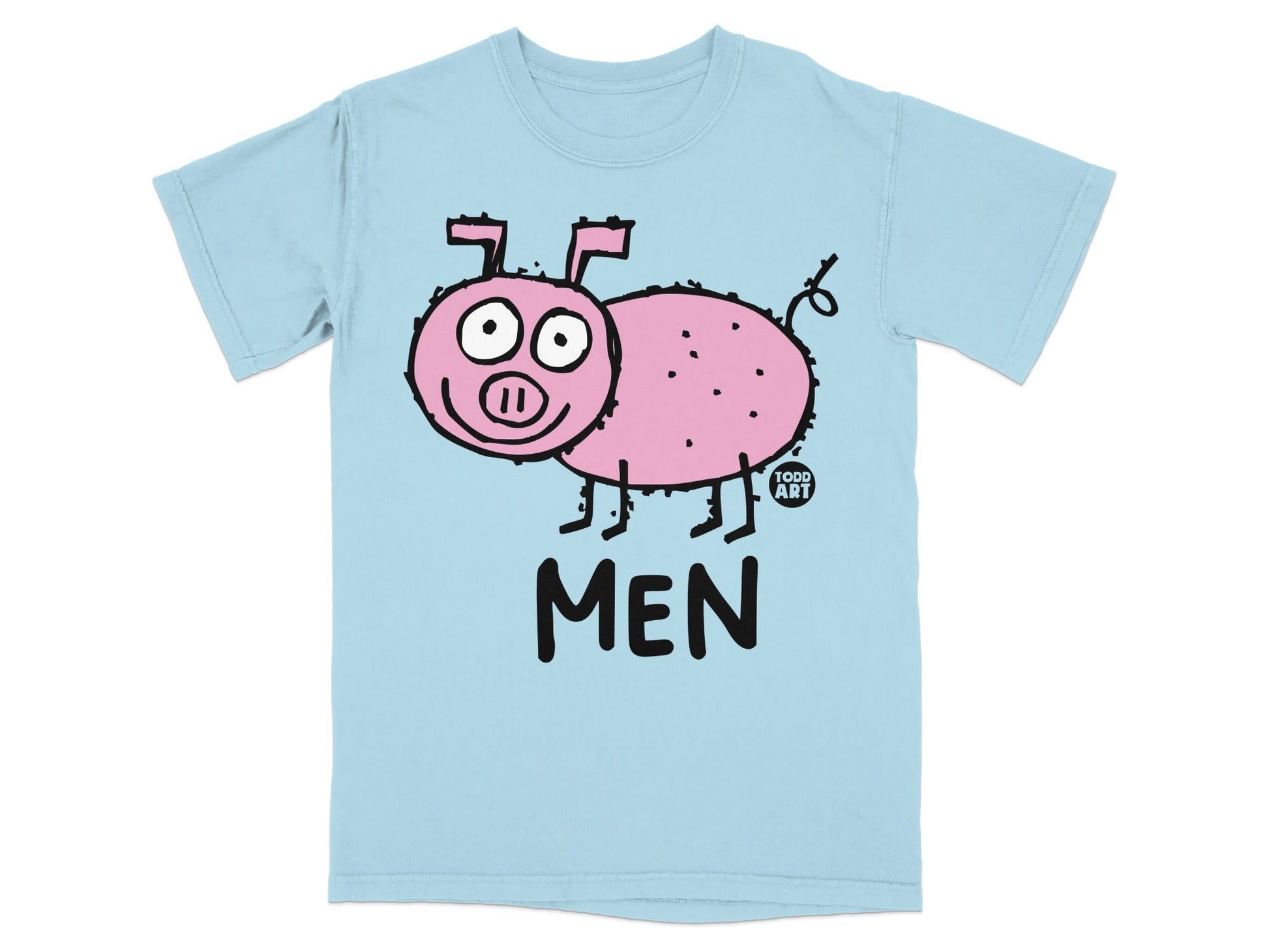 Light blue t-shirt with a cartoon pink pig and the word MEN.