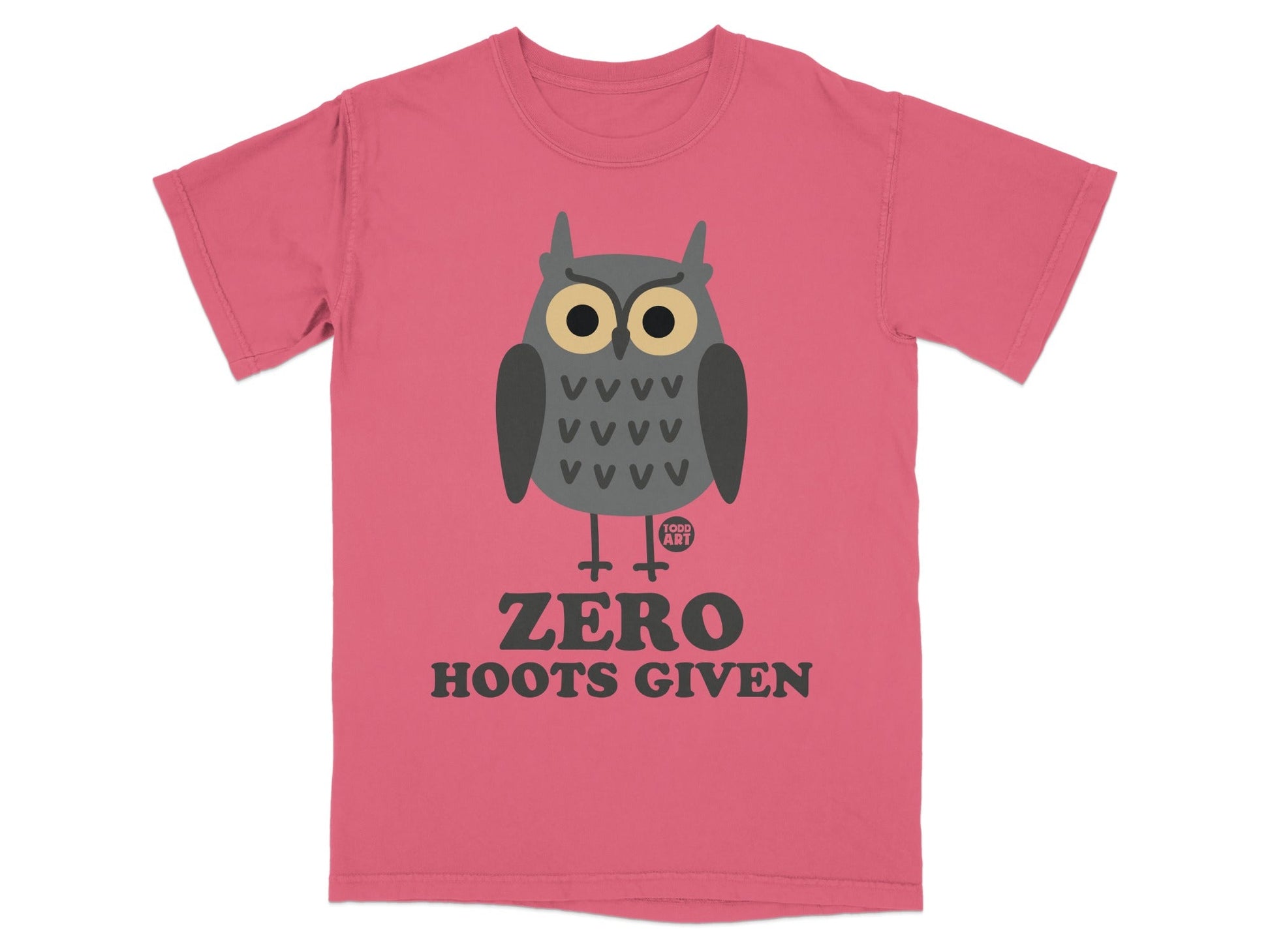 T-shirt with a cartoon owl graphic and "Zero Hoots Given" text.