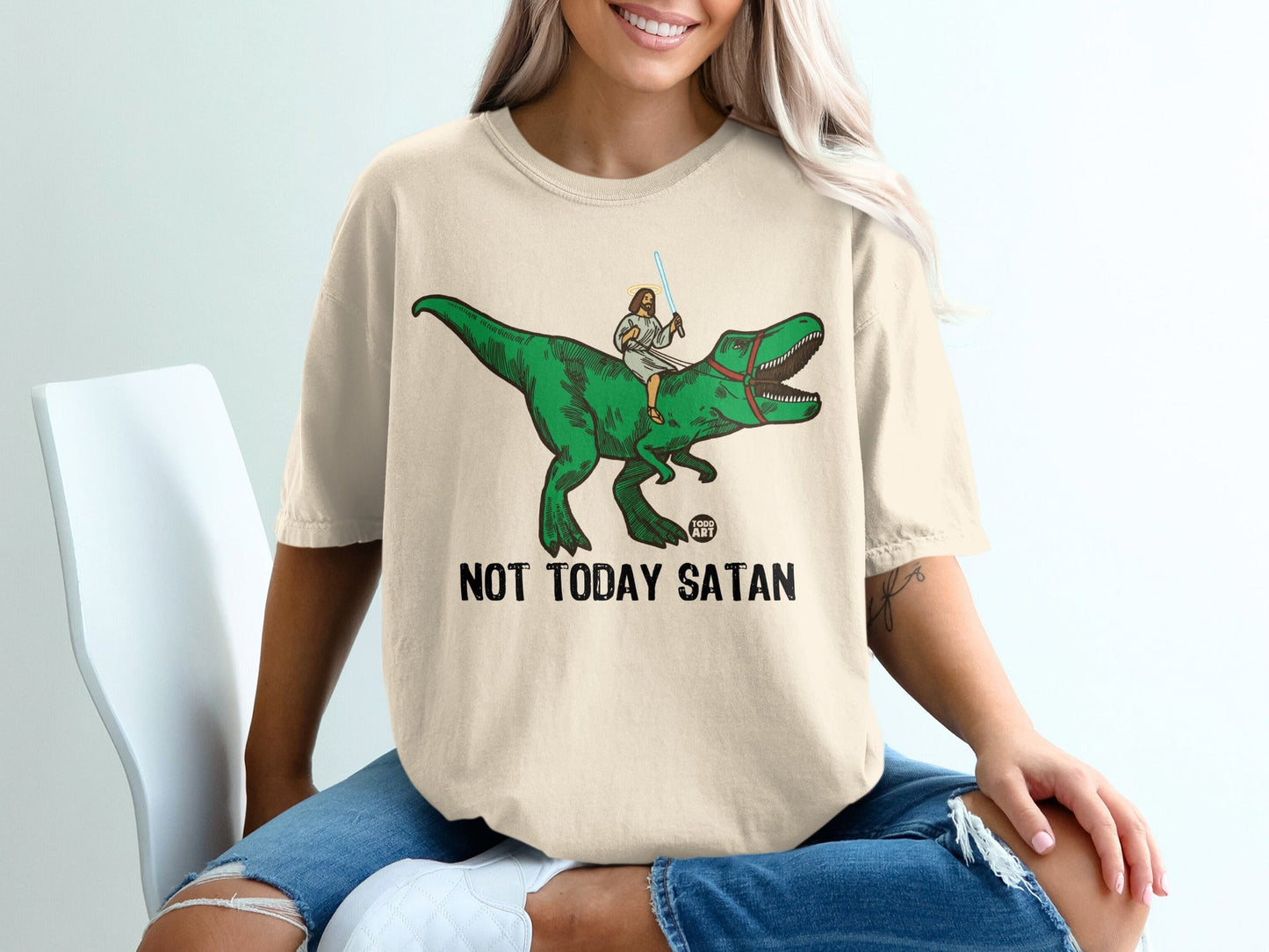 Jesus riding a green dinosaur, "NOT TODAY SATAN" text.