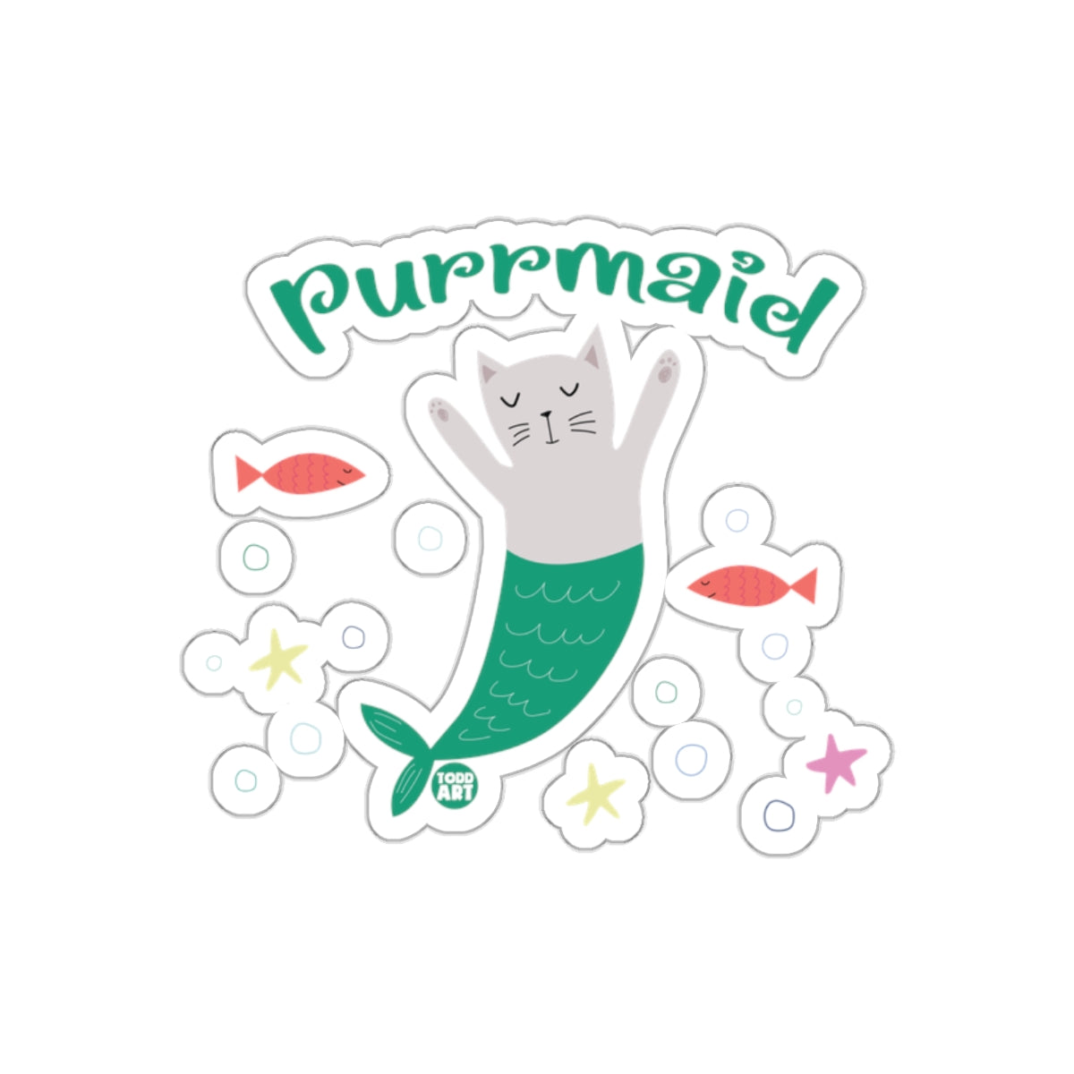 Cute Purrmaid Cat Mermaid Sticker with Fish Design