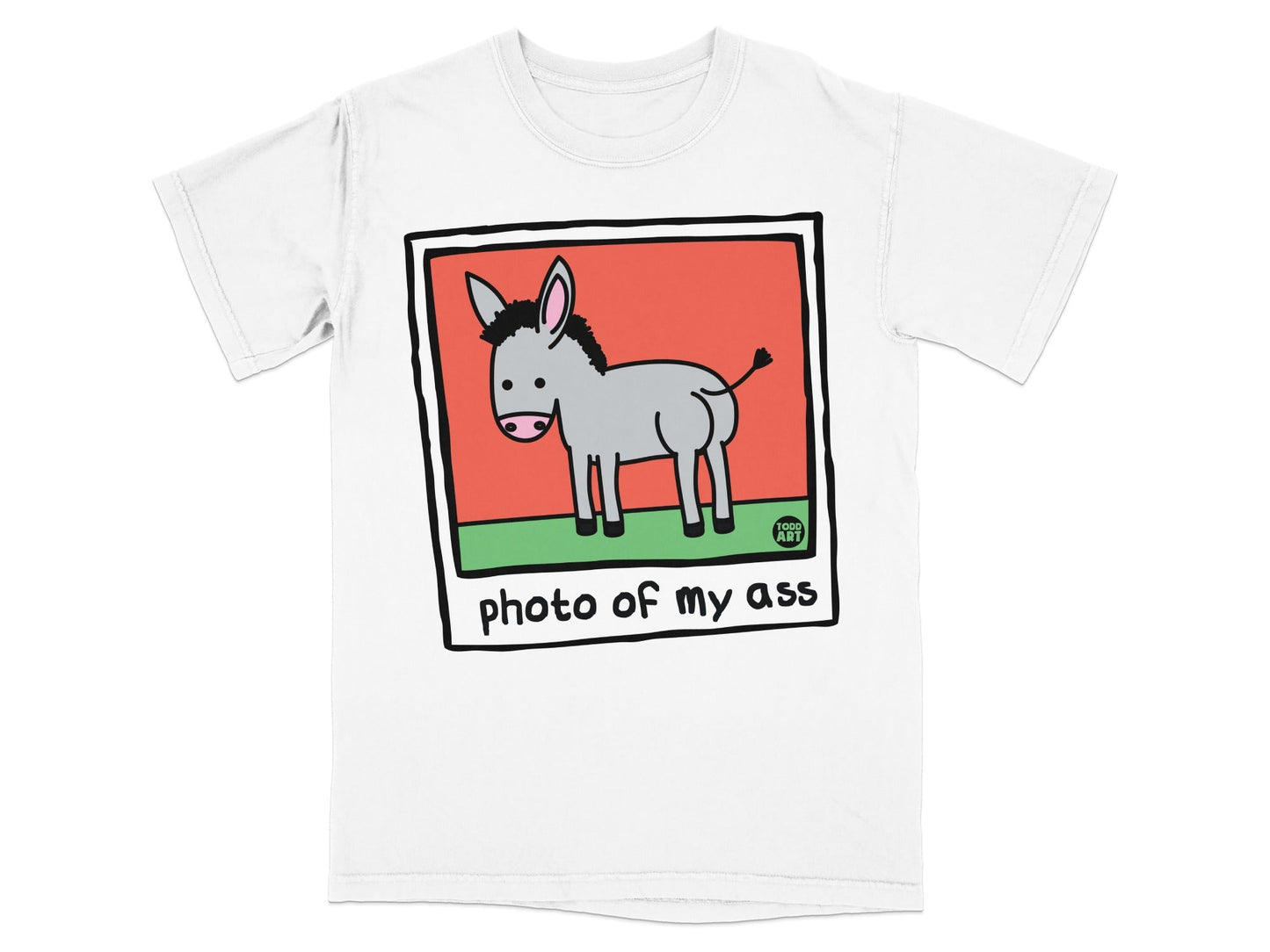 Cartoon donkey on a t-shirt that reads "photo of my ass".