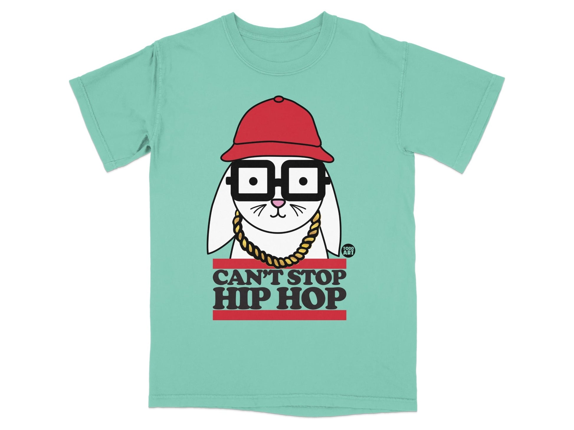 Mint t-shirt featuring a cartoon rabbit in a red hat, glasses, and gold chain, with "CAN'T STOP HIP HOP" text.