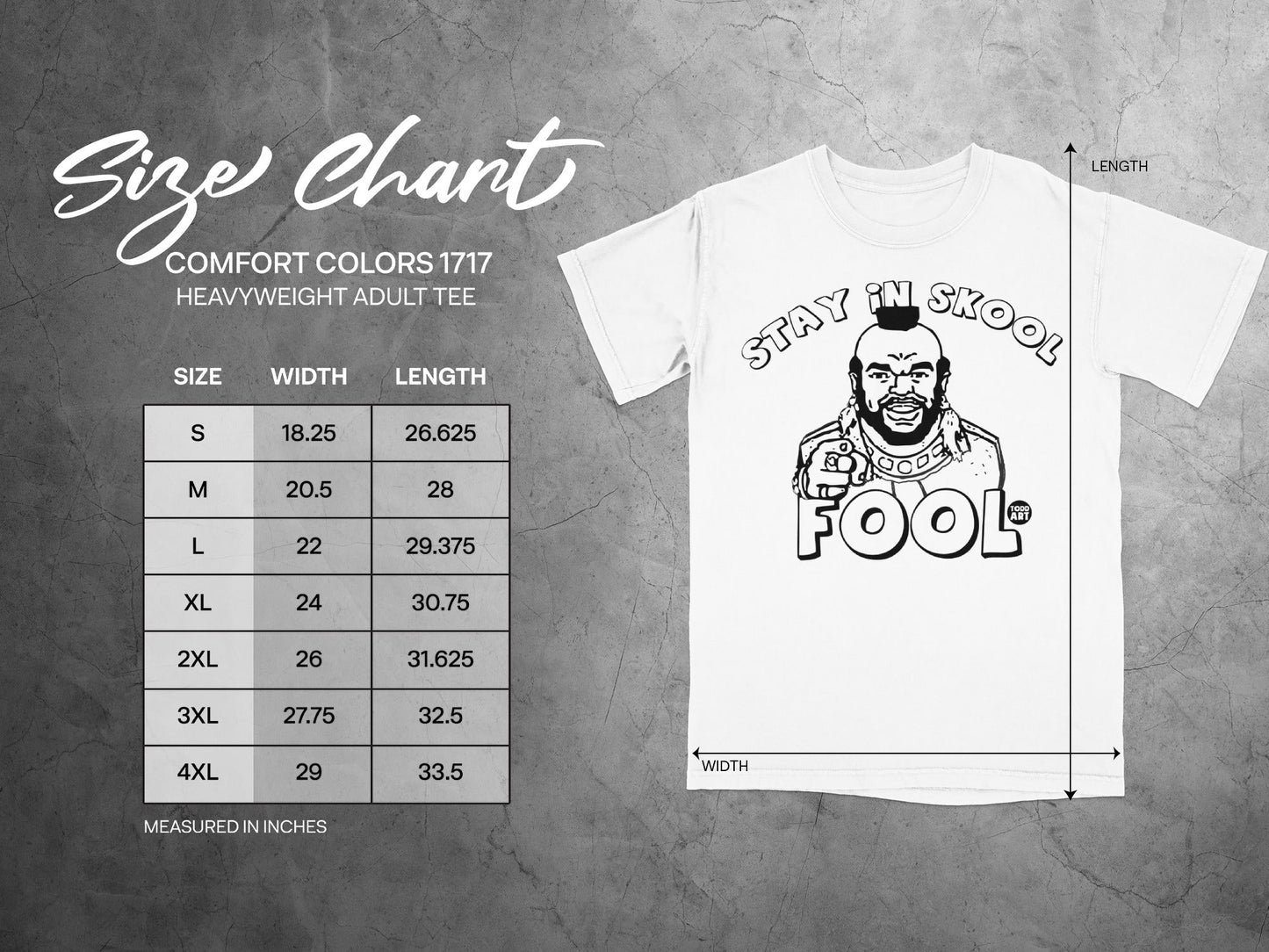Comfort Colors 1717 size chart for heavyweight adult tees.
