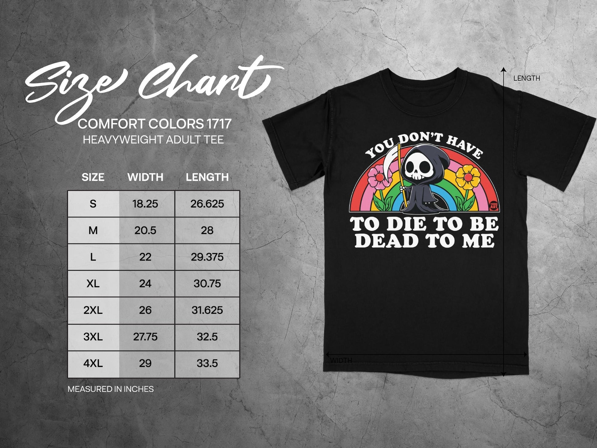 Size chart for Comfort Colors 1717 heavyweight adult tee with reaper graphic.