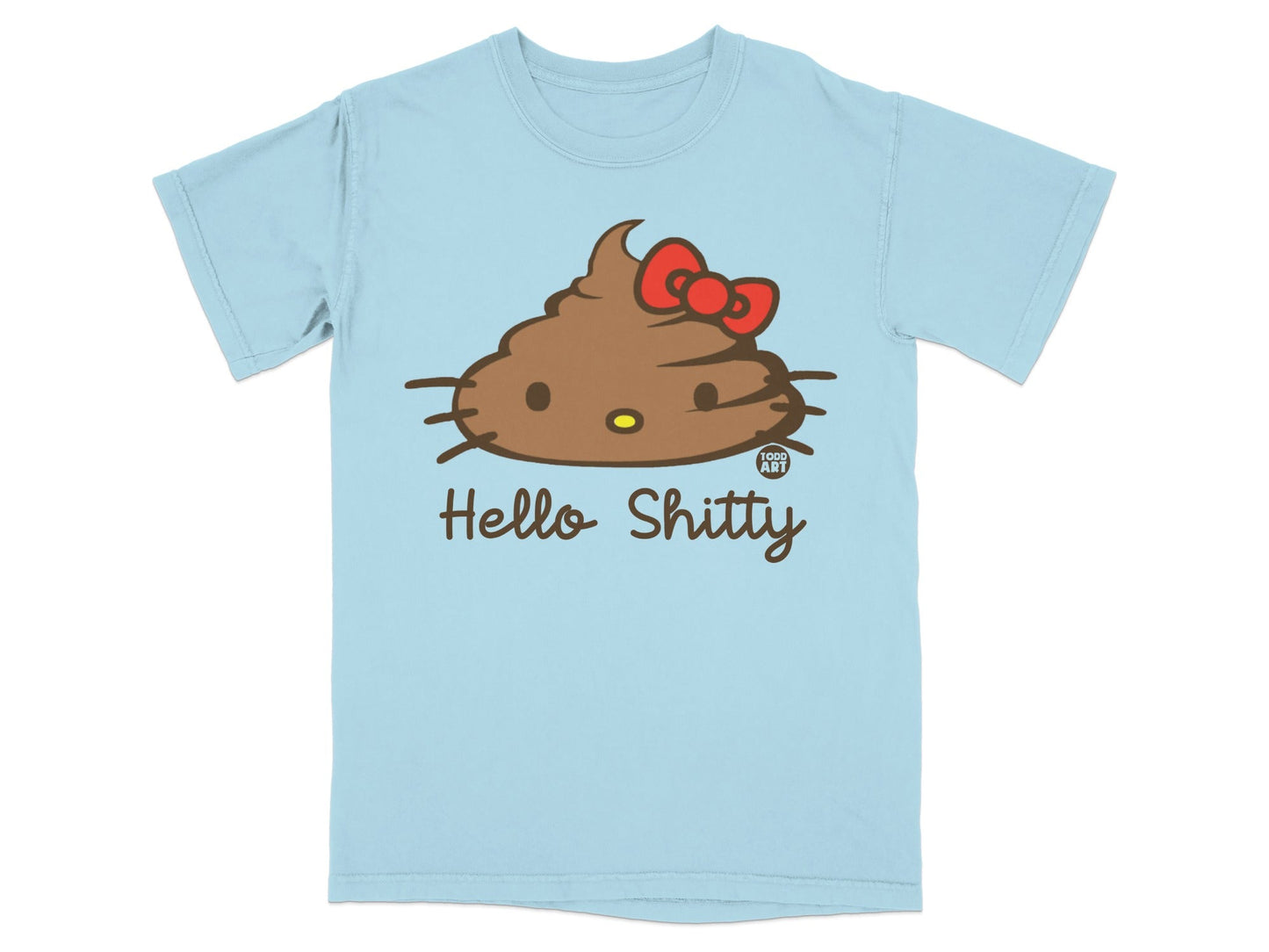 Light blue t-shirt with a brown poop emoji face and "Hello Shitty" text.