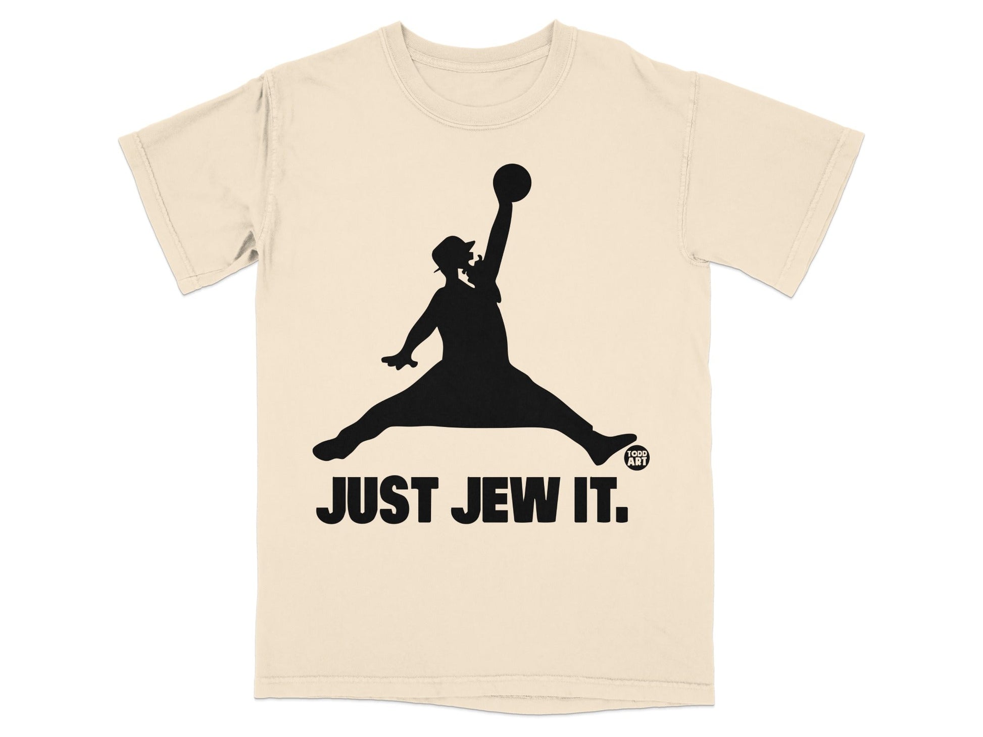 Black silhouette of a man in a hat jumping, with "JUST JEW IT." text.