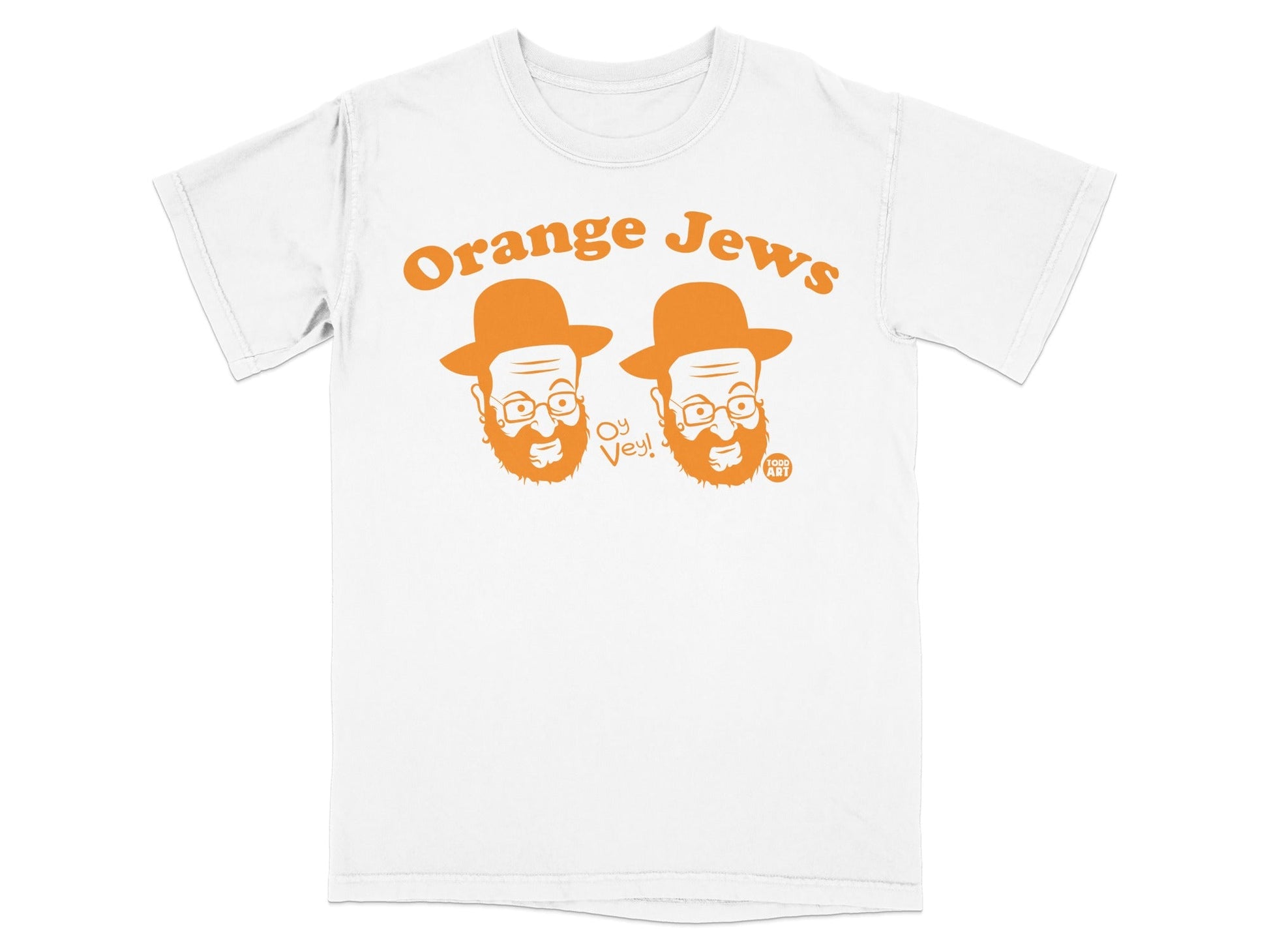 White t-shirt with "Orange Jews Oy Vey!" and cartoon faces.