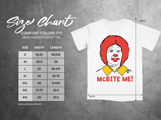 Size chart for a Comfort Colors heavyweight adult tee with Grimace saying "McBite Me!".