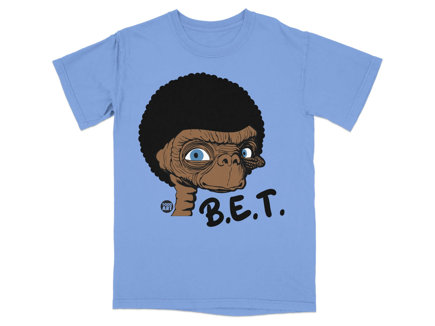 Light blue t-shirt featuring E.T. cartoon graphic with "B.E.T." text.