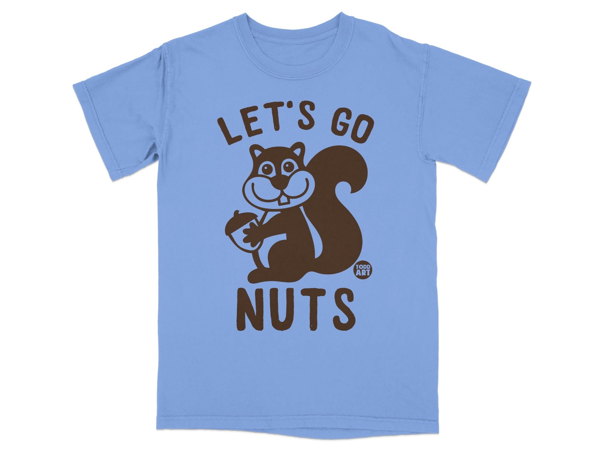 Blue t-shirt with brown squirrel holding acorn and text "LET'S GO NUTS".