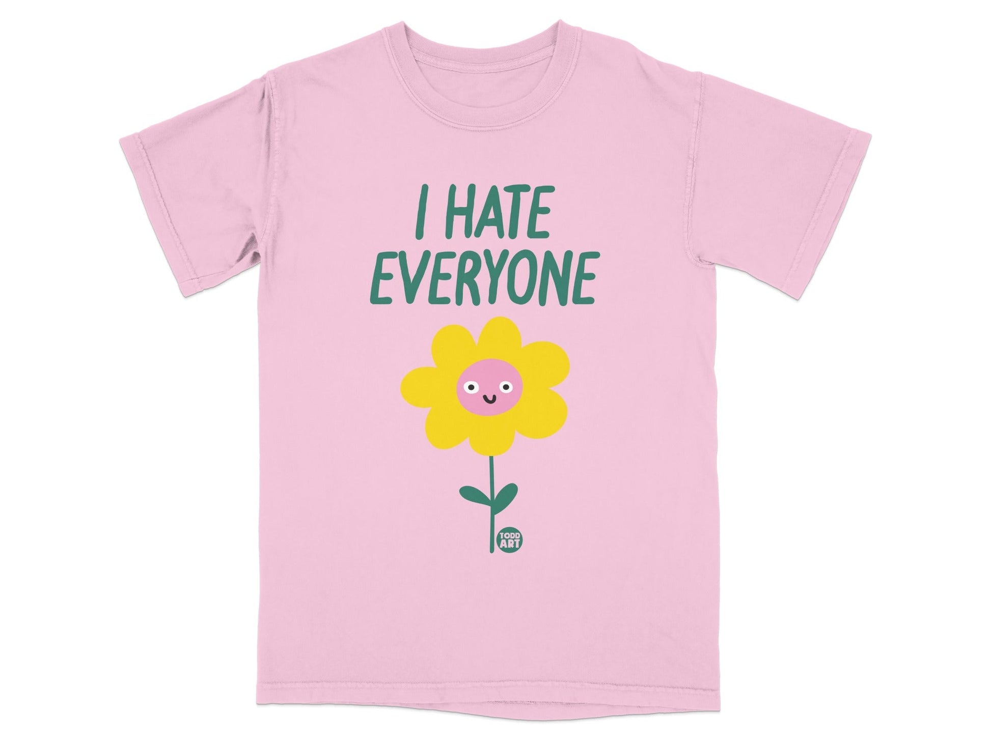 Pink t-shirt with a cartoon flower and "I HATE EVERYONE" text.