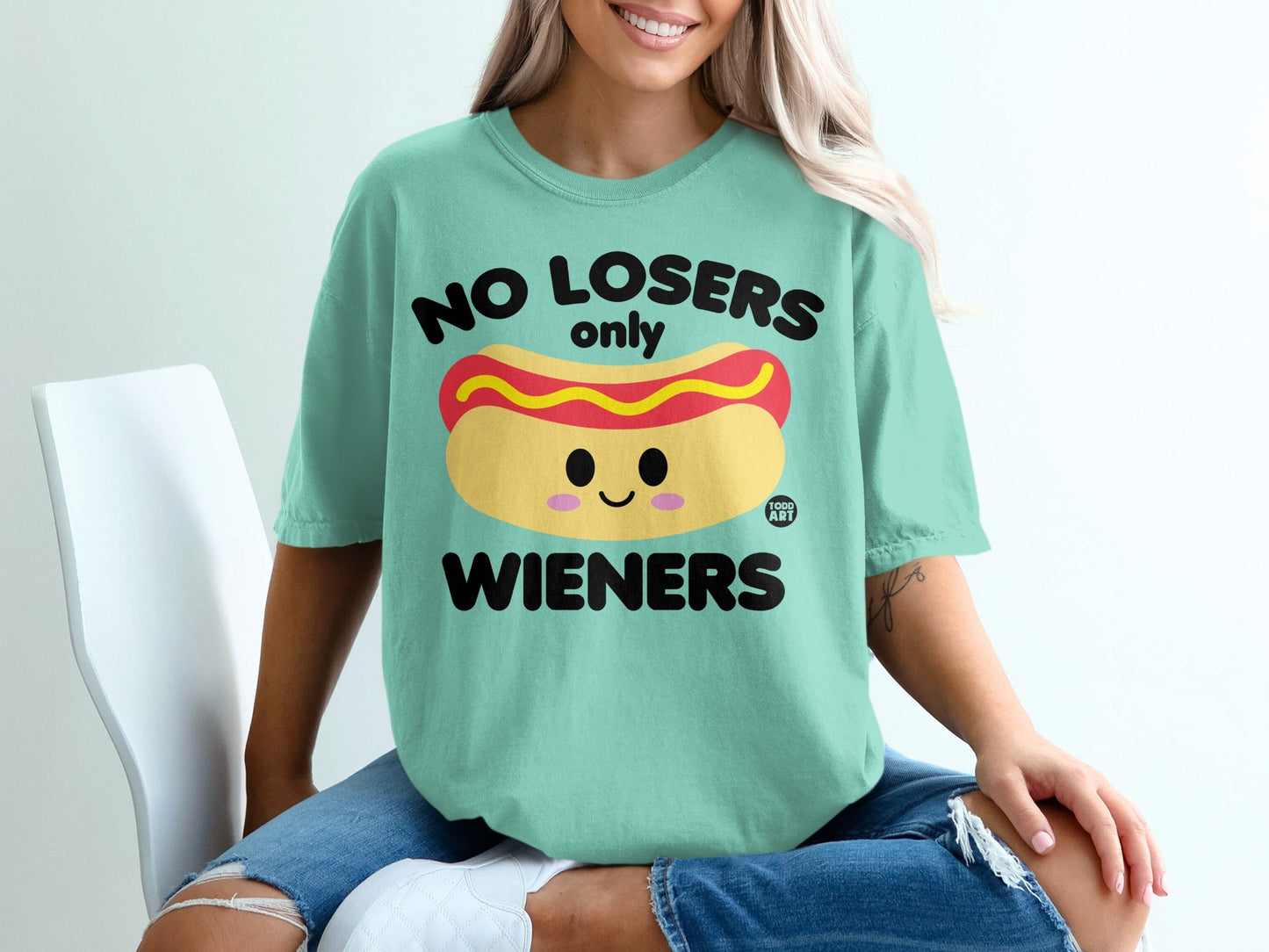 Light blue t-shirt with cartoon hot dog and "NO LOSERS only WIENERS" text.
