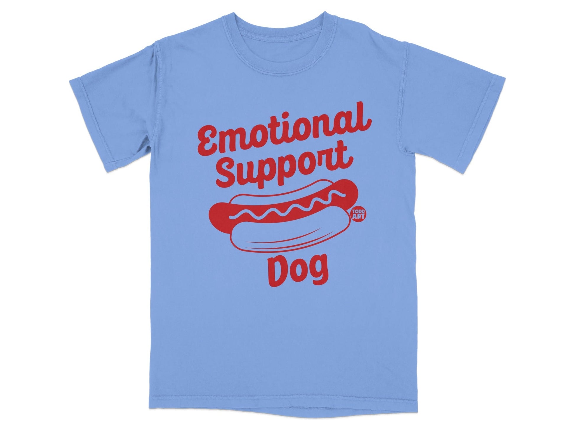Light blue t-shirt with "Emotional Support Dog" text and a hot dog graphic.
