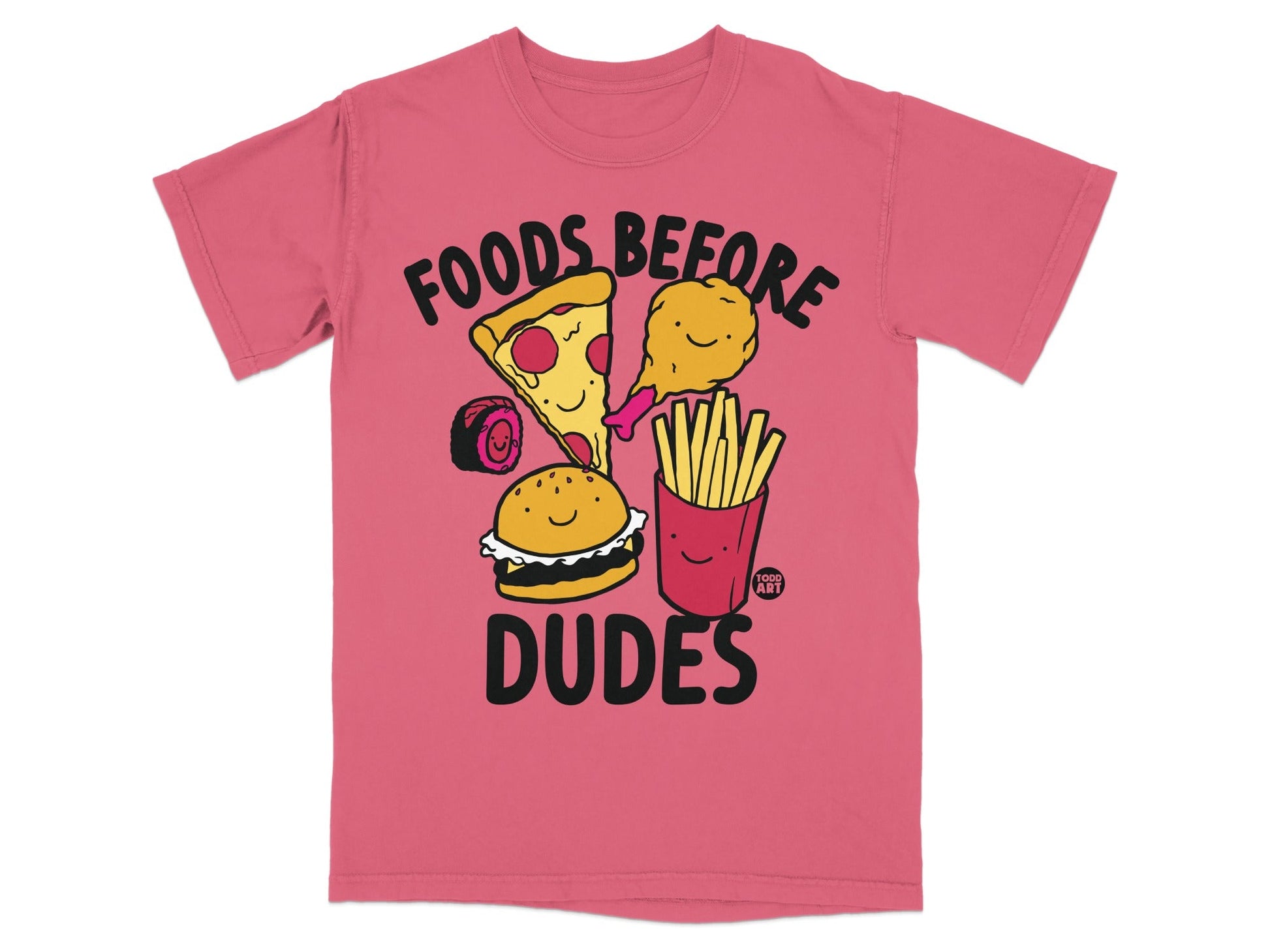 T-shirt with "FOODS BEFORE DUDES" text and cartoon illustrations of food.