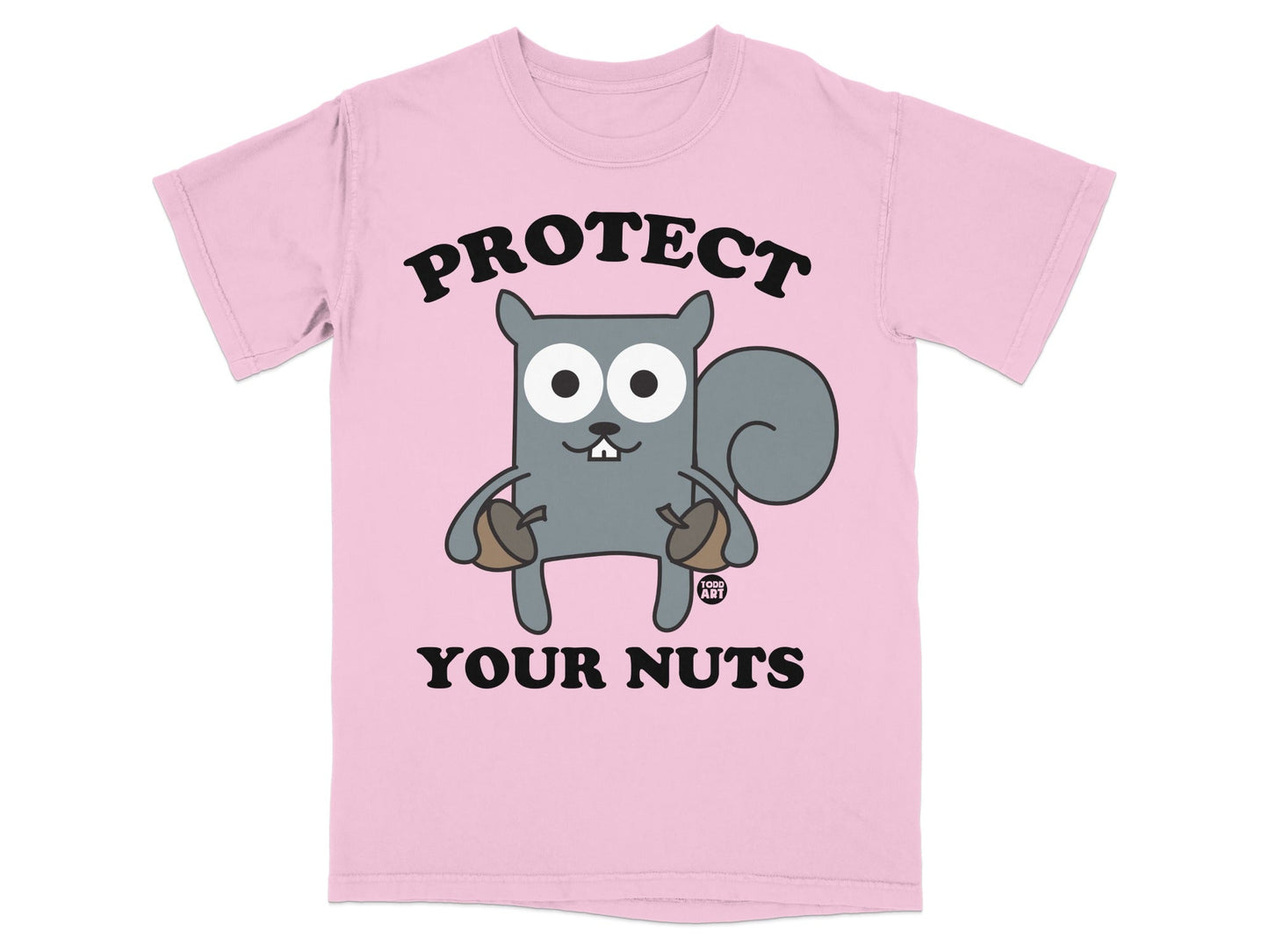 Pink t-shirt with a cartoon squirrel holding acorns and text "PROTECT YOUR NUTS".