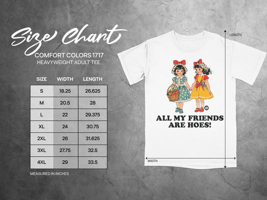 Comfort Colors 1717 heavyweight adult tee size chart with cartoon women illustration.