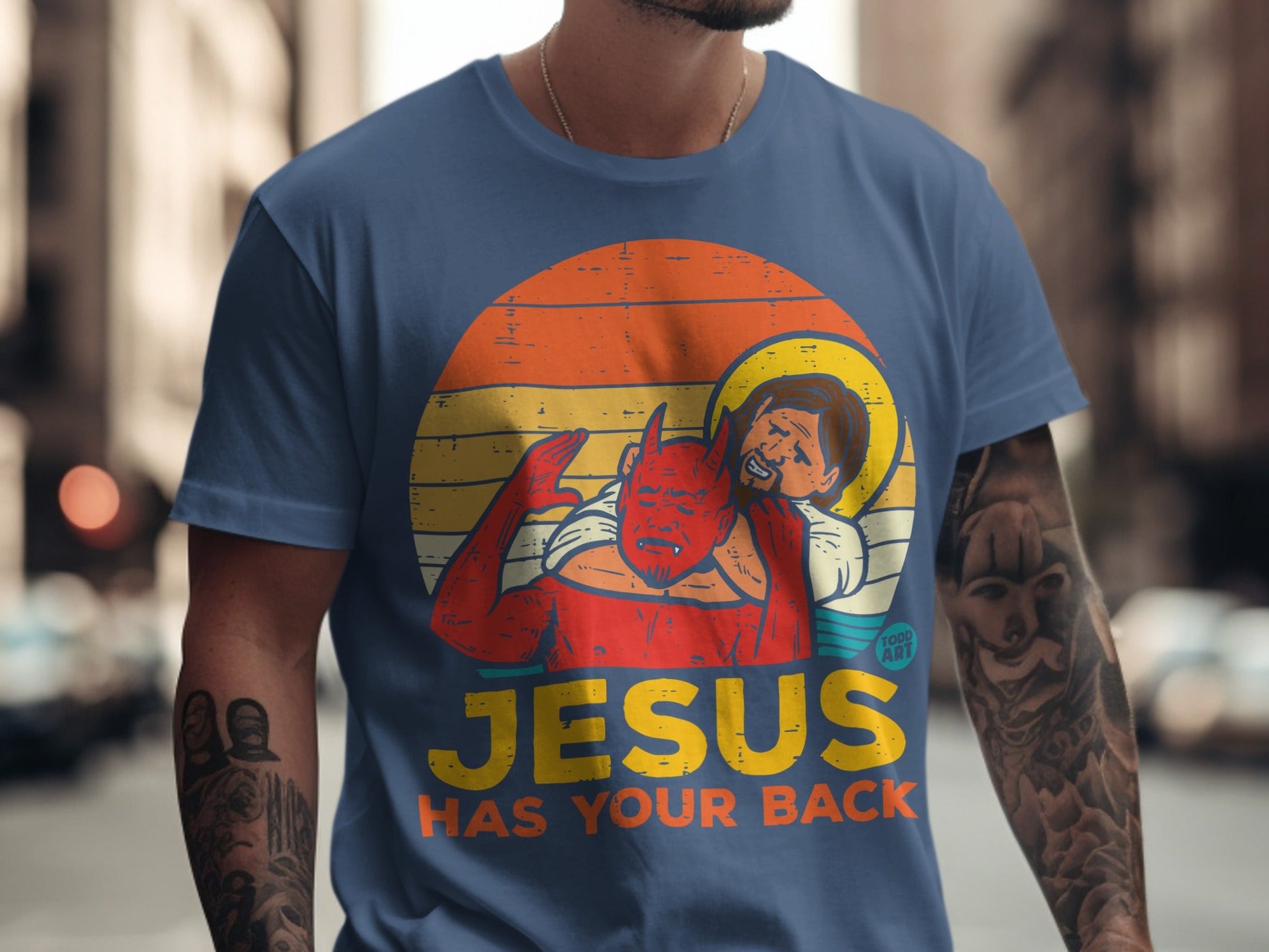 Jesus wrestling a devil, with text "Jesus has your back".