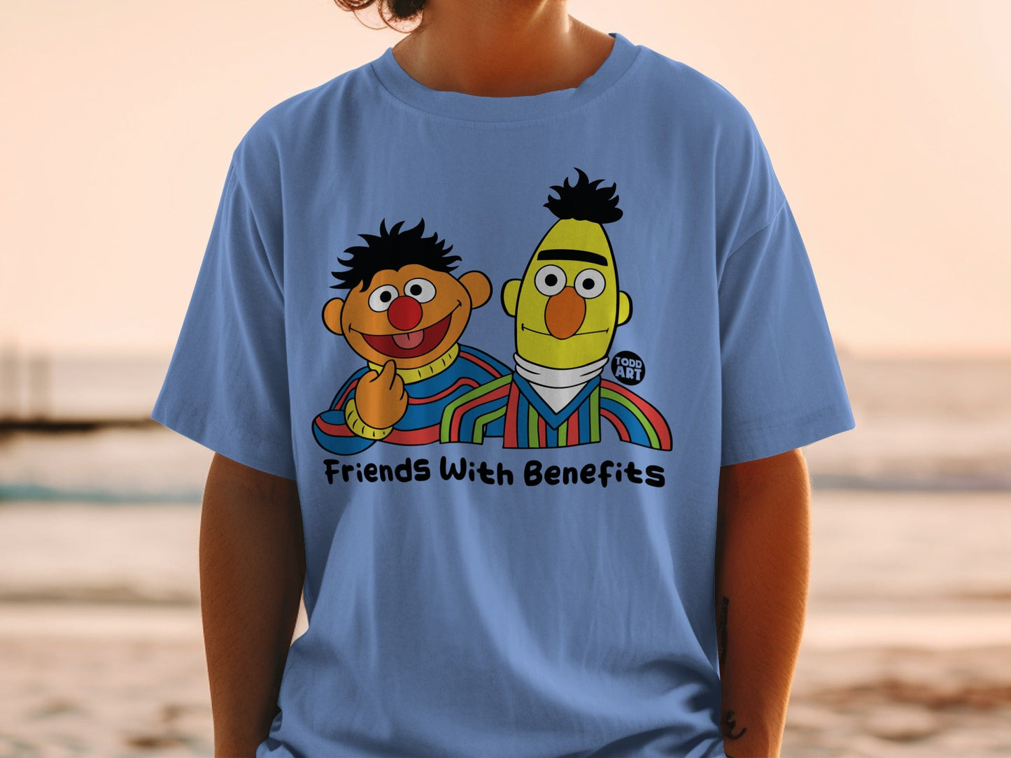 Bert and Ernie cartoon characters in colorful striped shirts, text reads "Friends With Benefits".