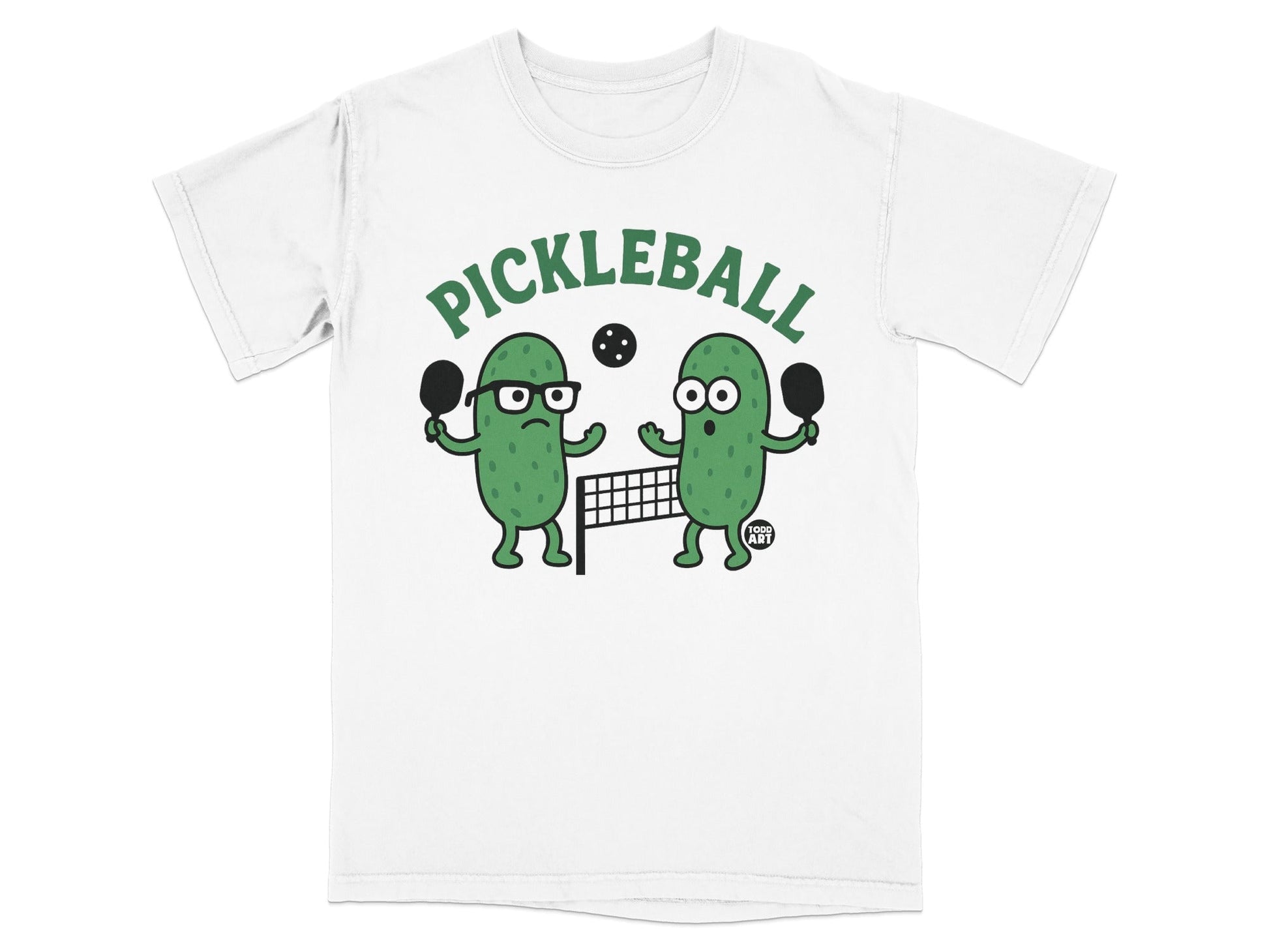 Two pickle characters play pickleball on a court, wearing glasses and holding paddles.