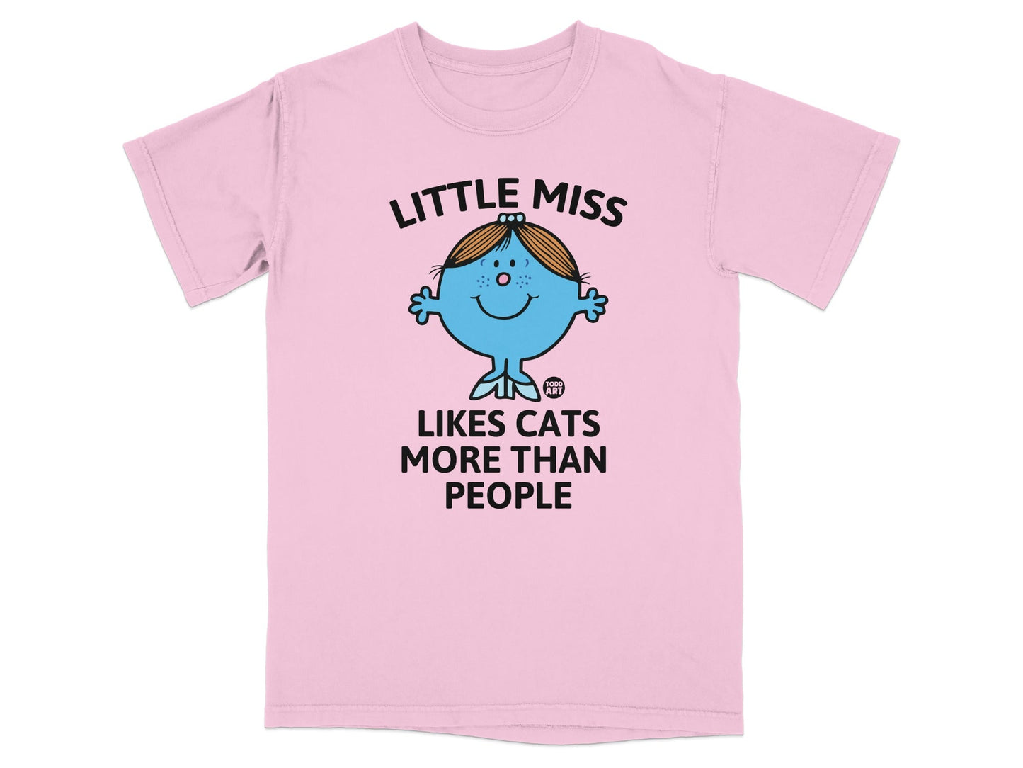 Pink t-shirt with Little Miss character and text "LITTLE MISS LIKES CATS MORE THAN PEOPLE".