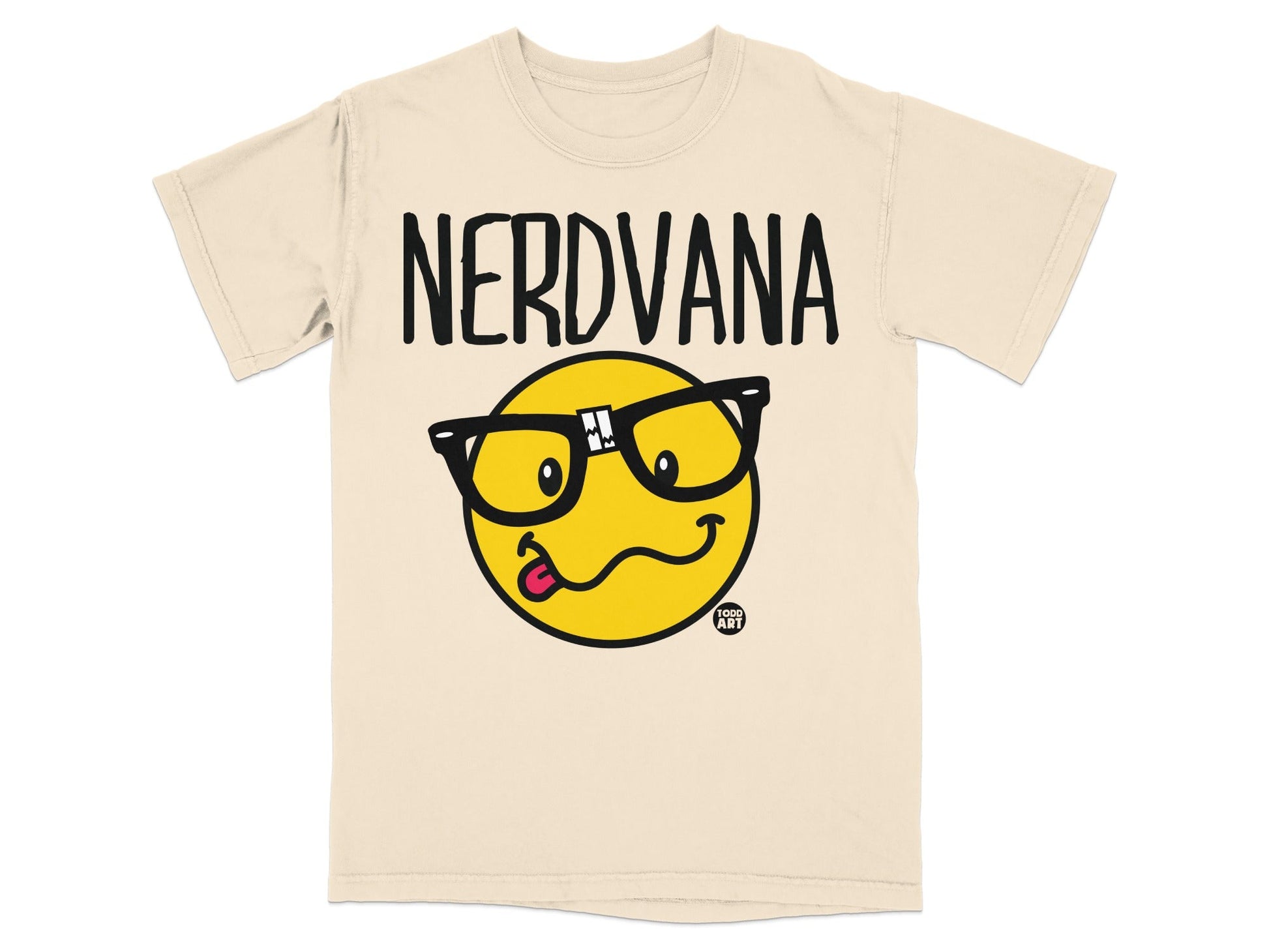 NERDVANA t-shirt with a yellow emoji face wearing glasses.