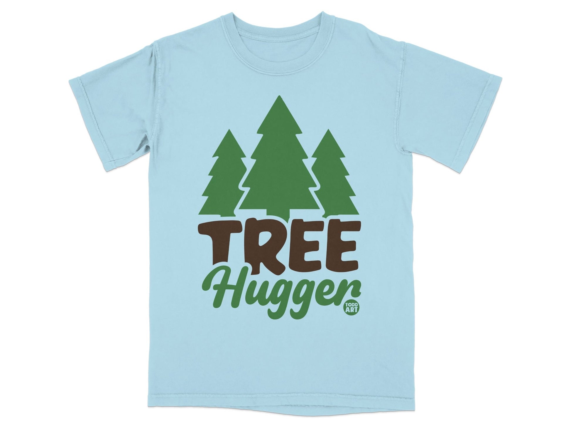 Light blue t-shirt with green trees and "TREE Hugger" text.