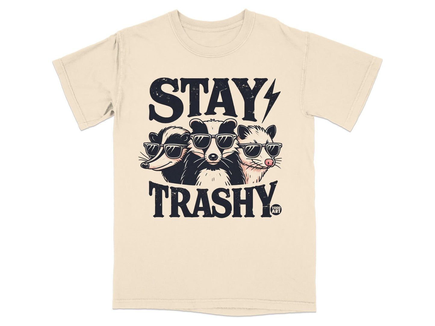 T-shirt with raccoons and opossums wearing sunglasses, saying "STAY TRASHY".