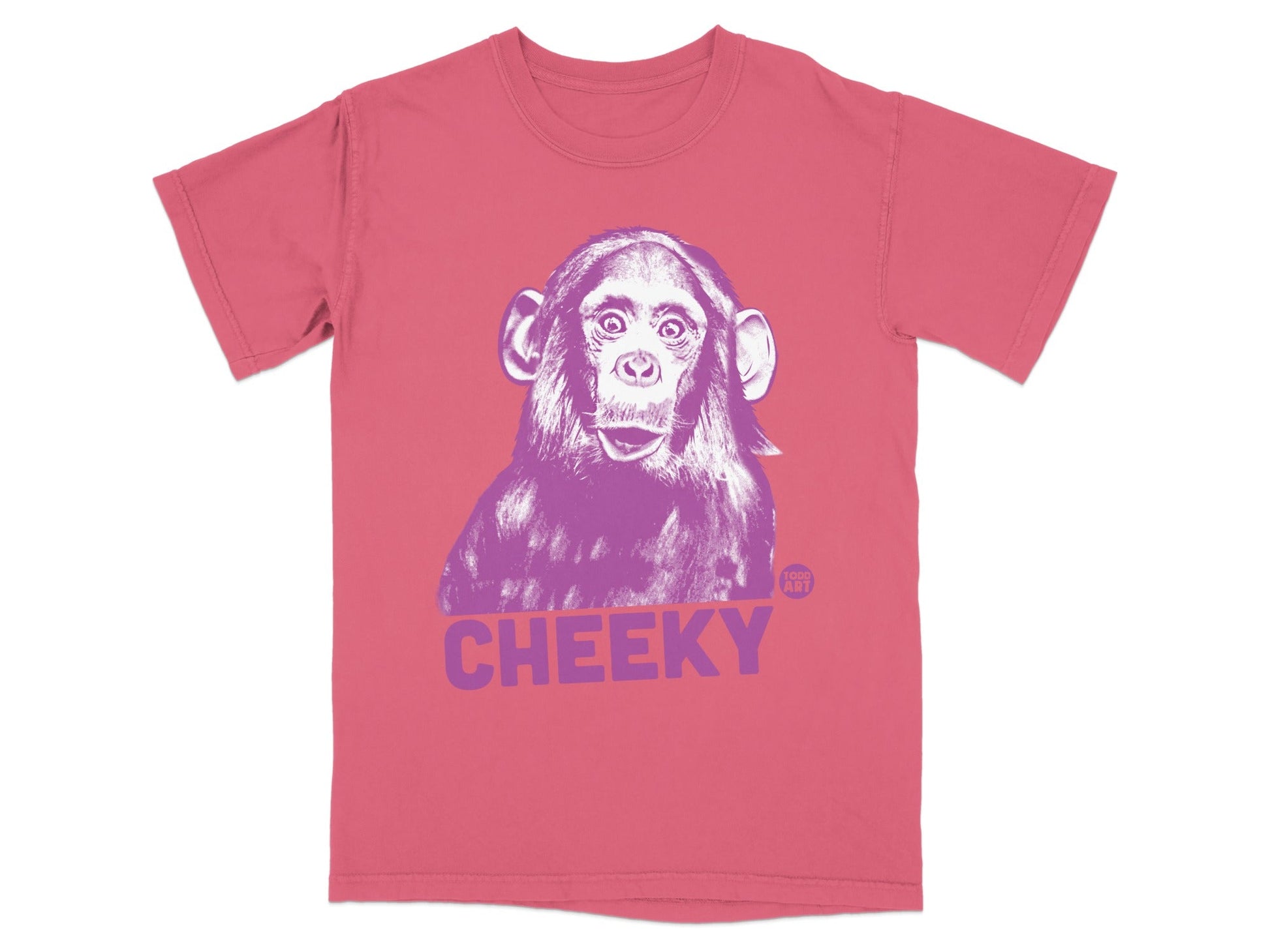 Pink t-shirt with a purple chimpanzee and "CHEEKY" text.