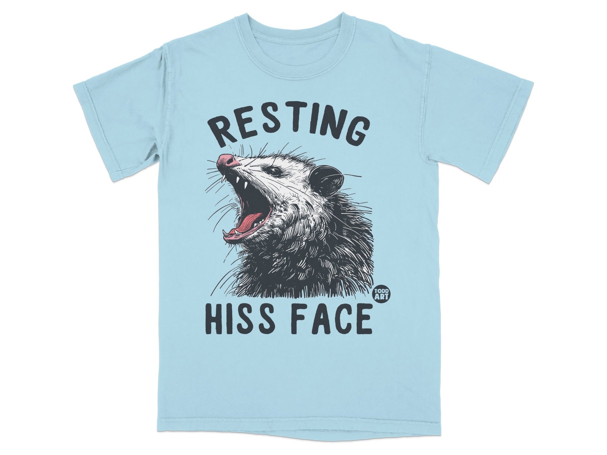 Light blue t-shirt with a detailed opossum graphic and text "RESTING HISS FACE".