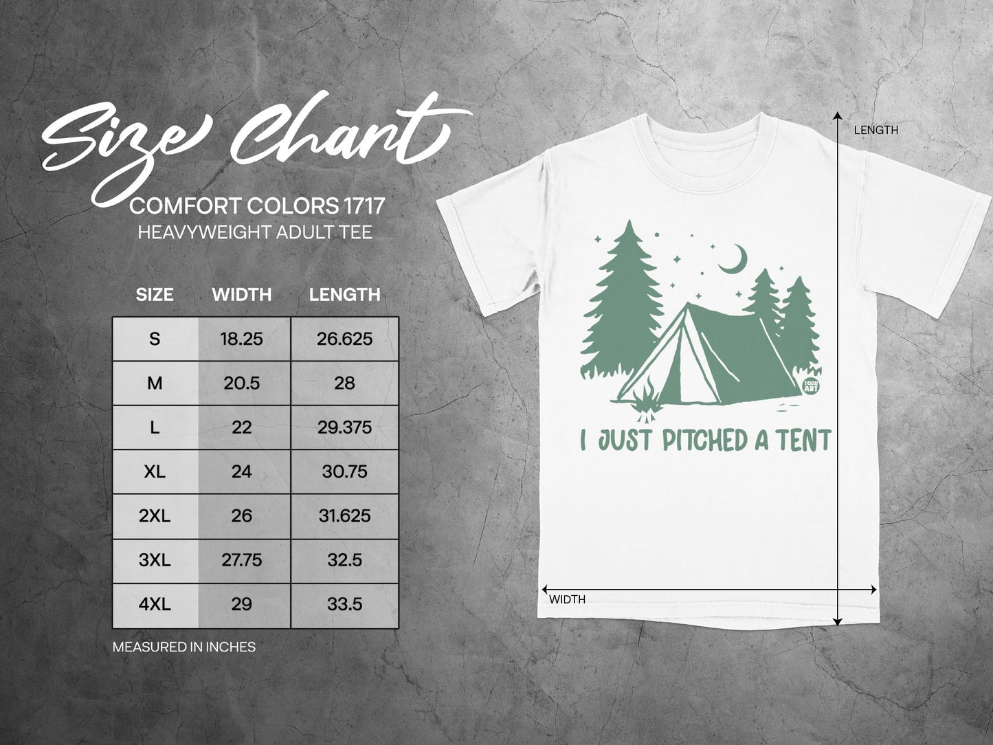 Comfort Colors 1717 size chart with t-shirt graphic.