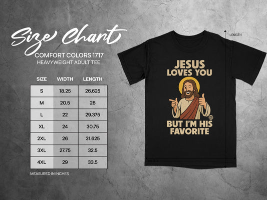 Comfort Colors 1717 heavyweight tee size chart and t-shirt graphic.