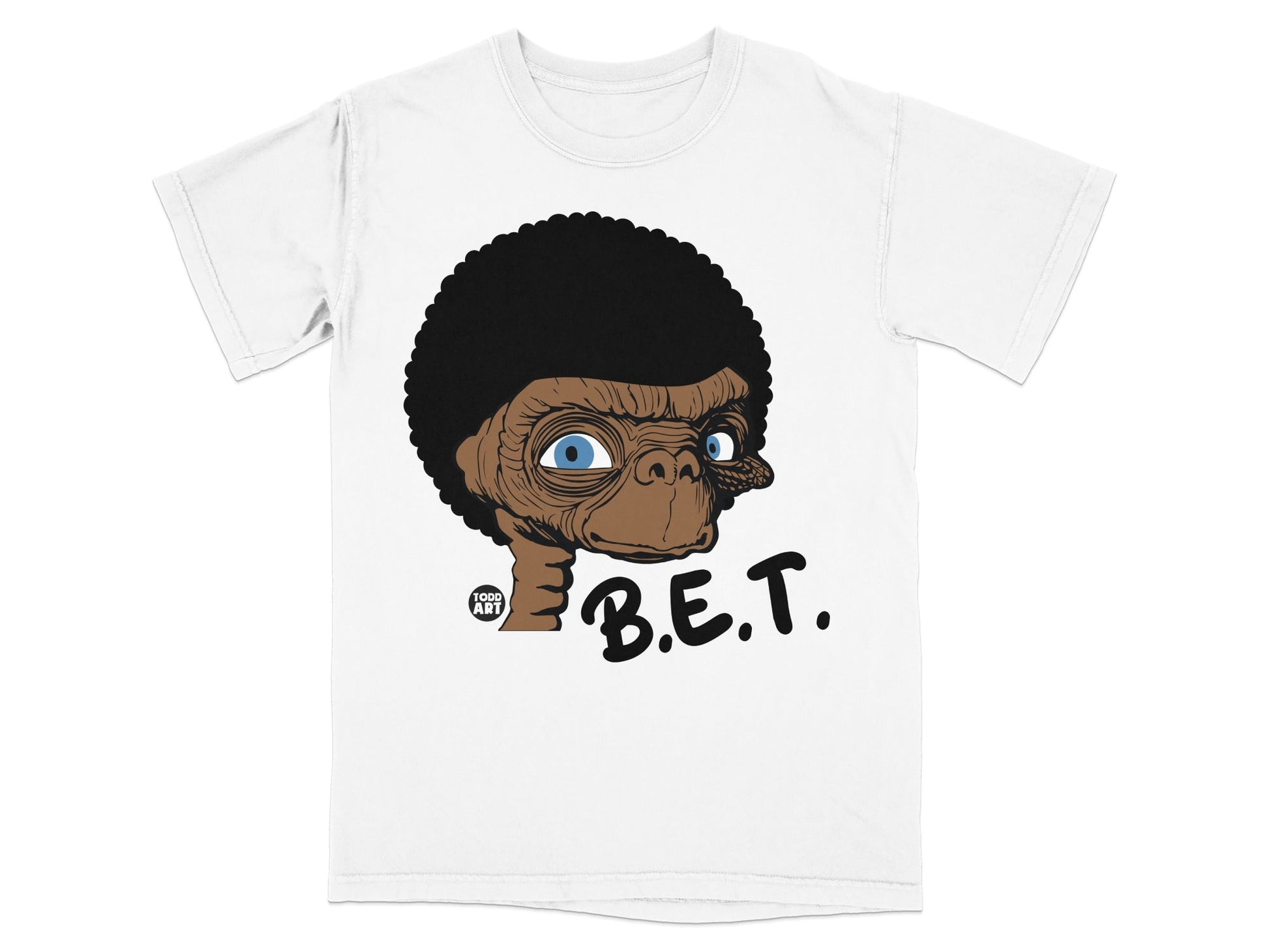 White t-shirt with cartoon E.T. face and "B.E.T." text.