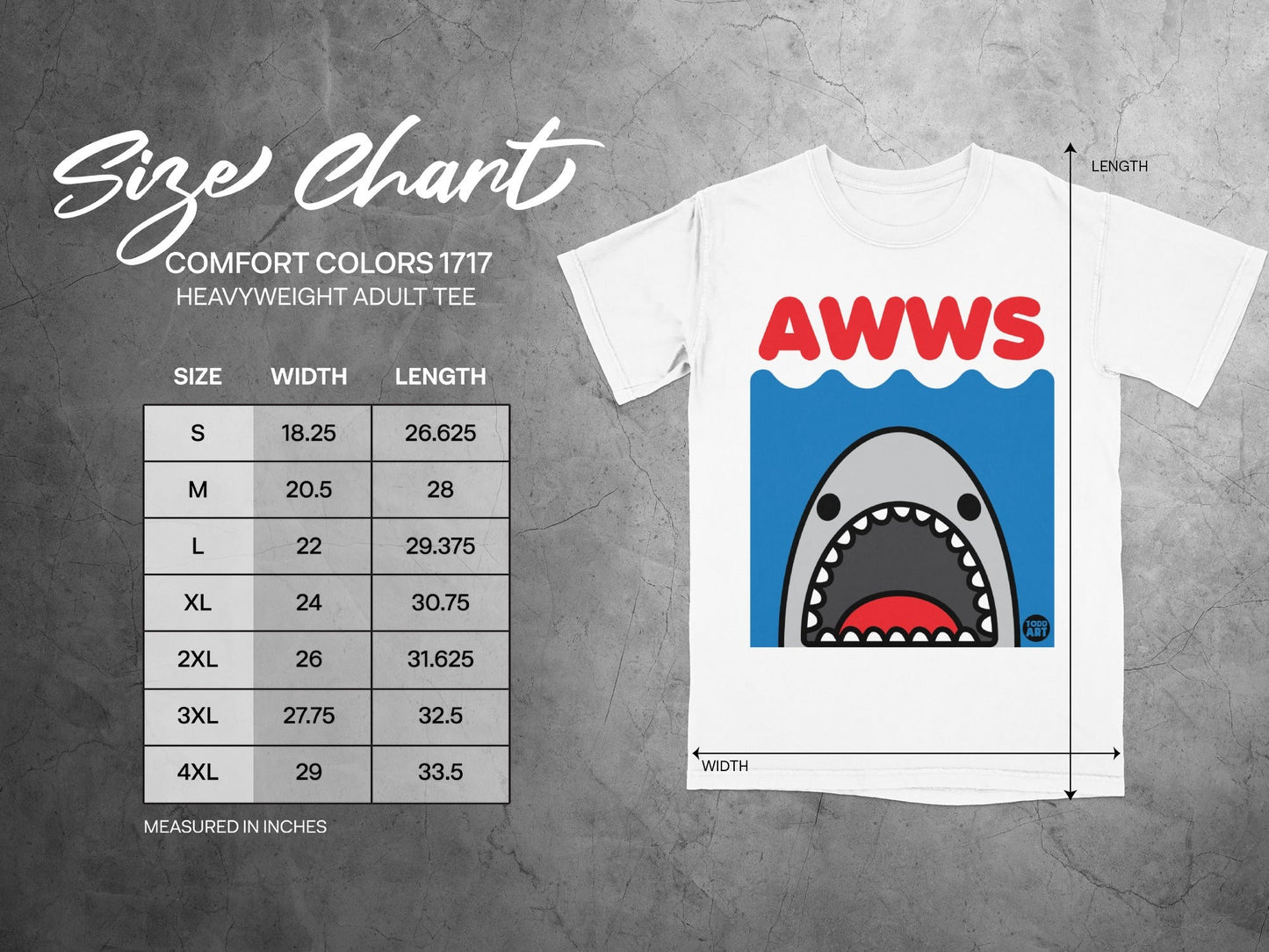Size chart for adult t-shirts with "AWWS" graphic and ruler measurements.