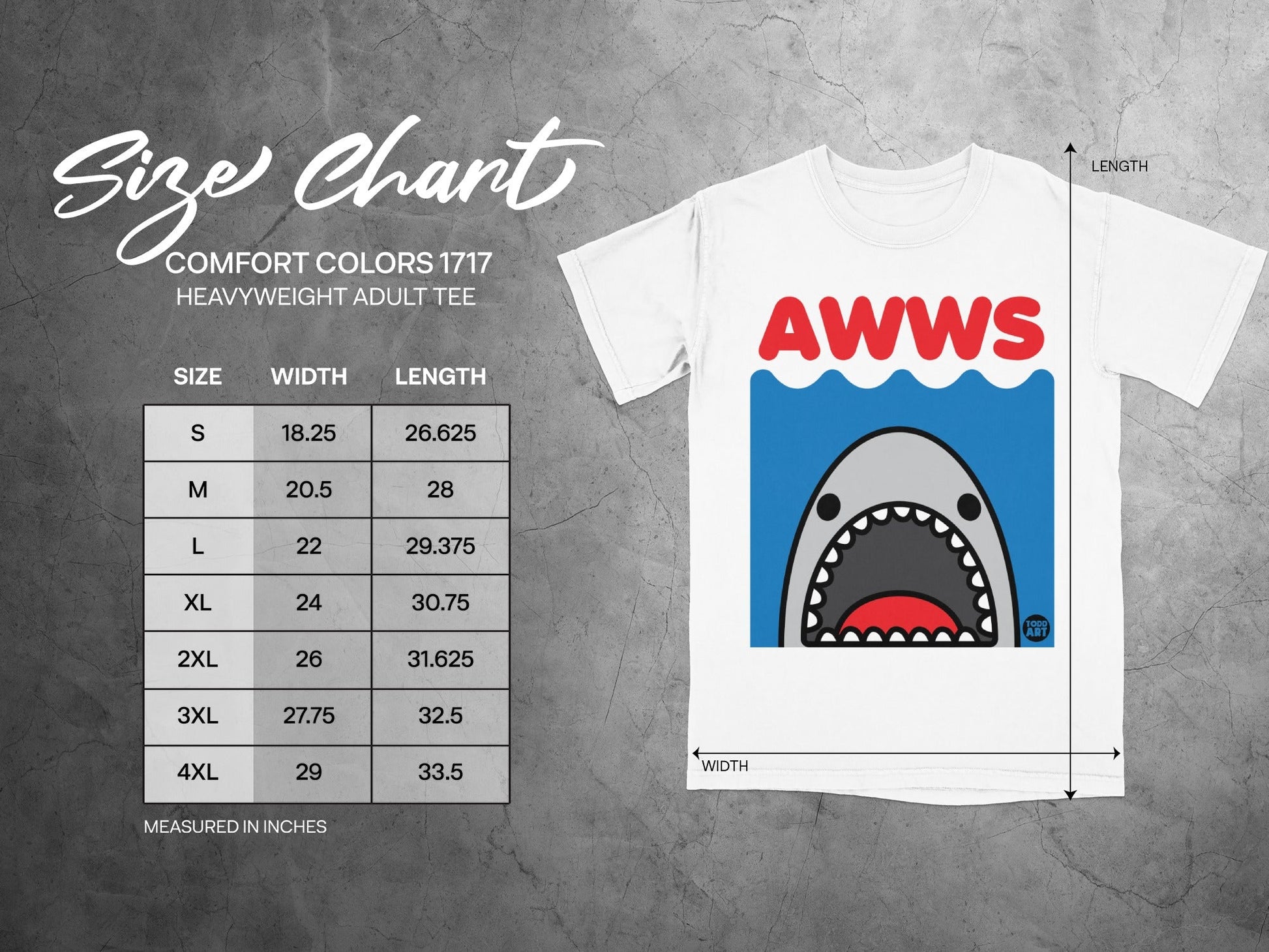 Size chart for adult t-shirts with "AWWS" graphic and ruler measurements.